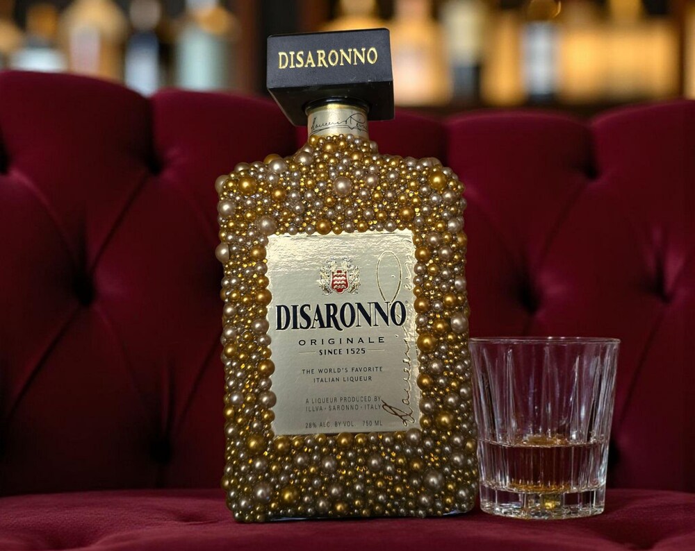Custom Gold Pearl Beaded EMPTY Disaronno Bottle