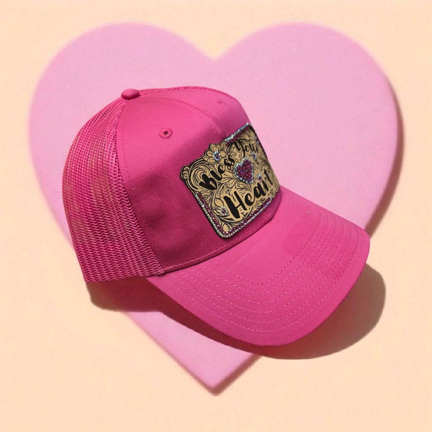 Pink Trucker Hat with "Bless Your Heart" Patch – Rhinestone Bling Embellished Southern Charm Cap