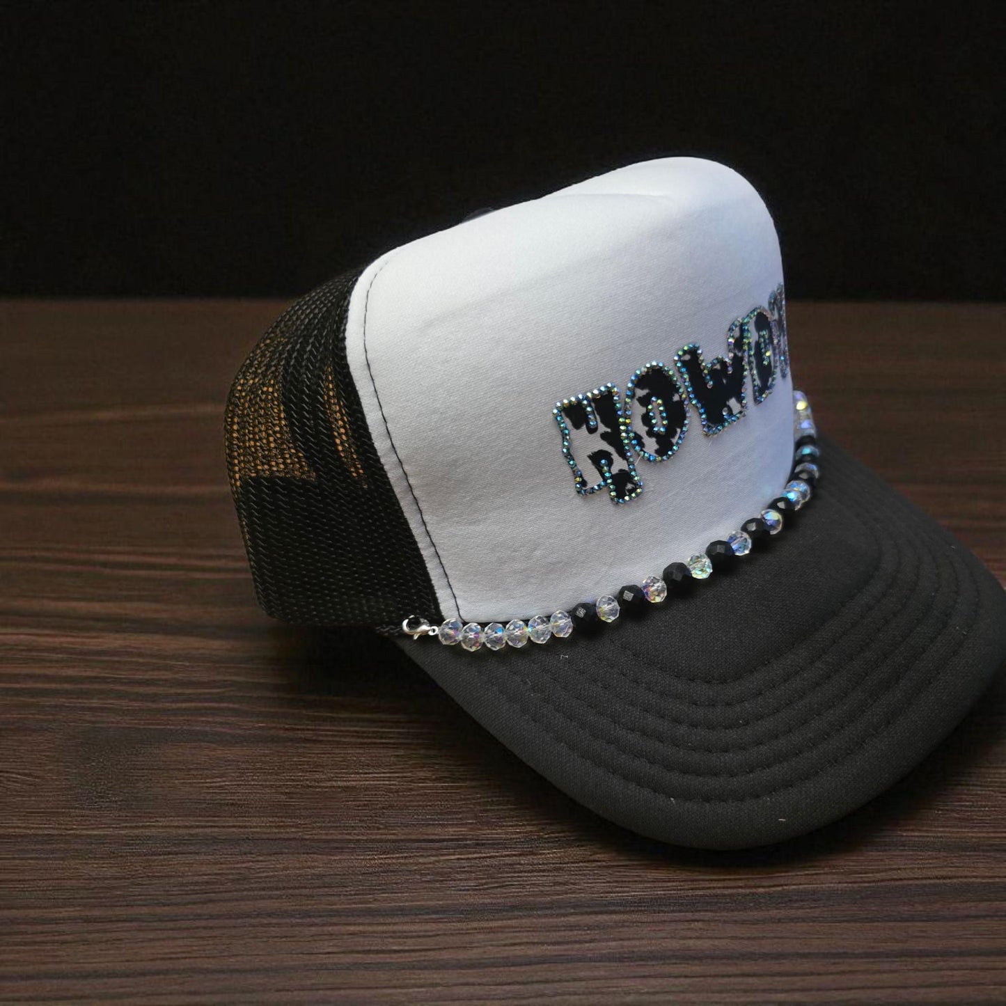 Howdy Cow Print Trucker Hat – Black & White Rhinestone Western Cap with Bling Lettering