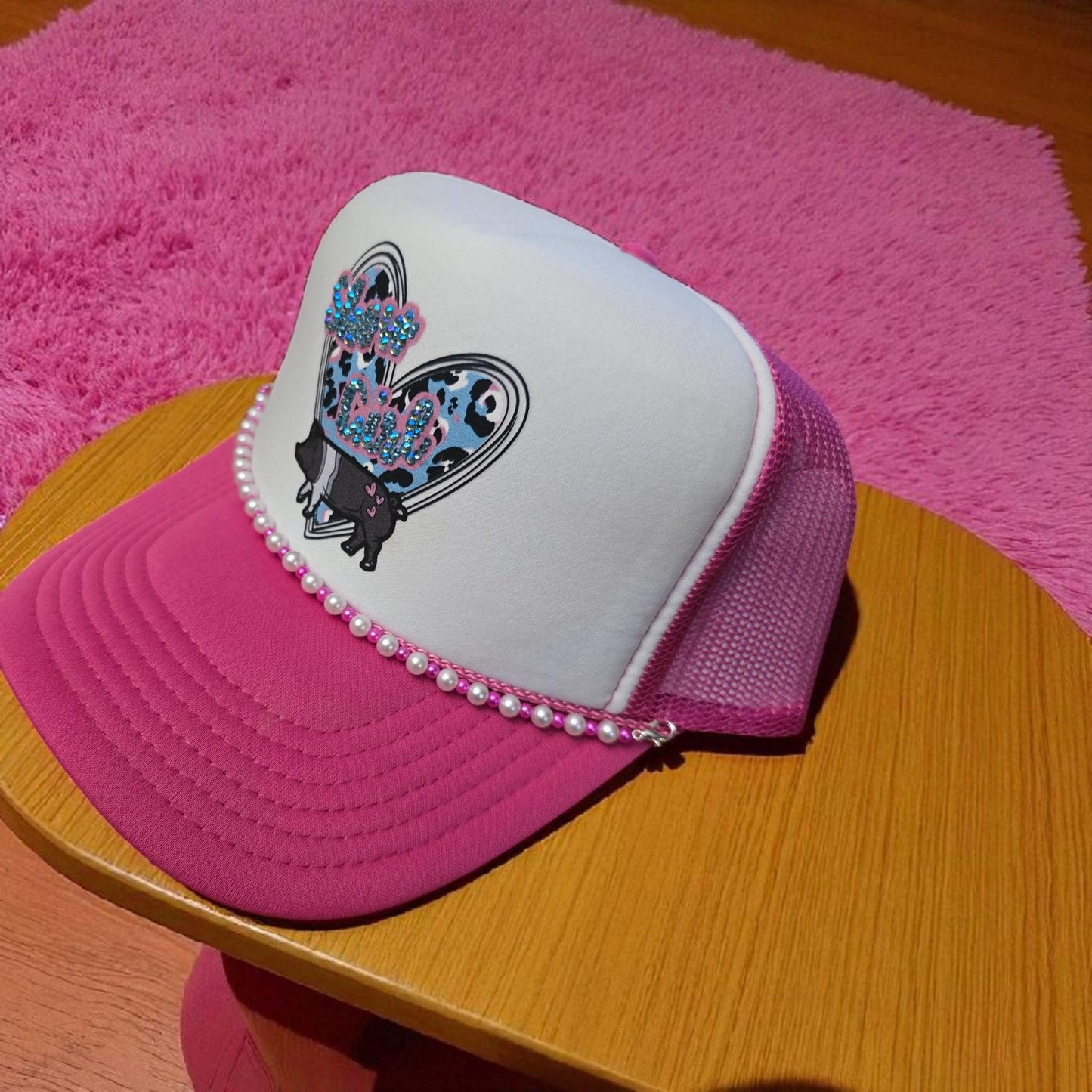 Show Girl Trucker Hat – Hot Pink Mesh Cap with Rhinestone Pig Patch & Pearl Beaded Brim