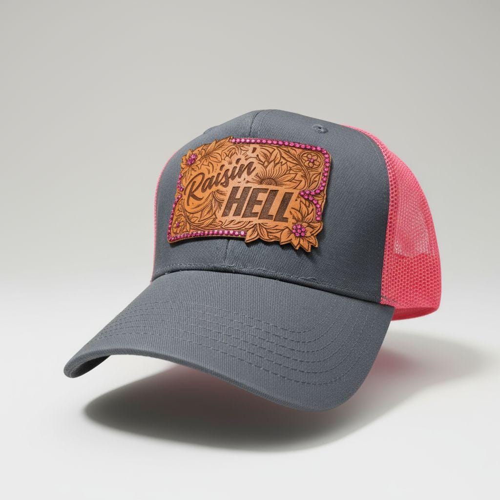 Western Leather Patch "Raisin’ Hell" Rhinestone Trucker Hat