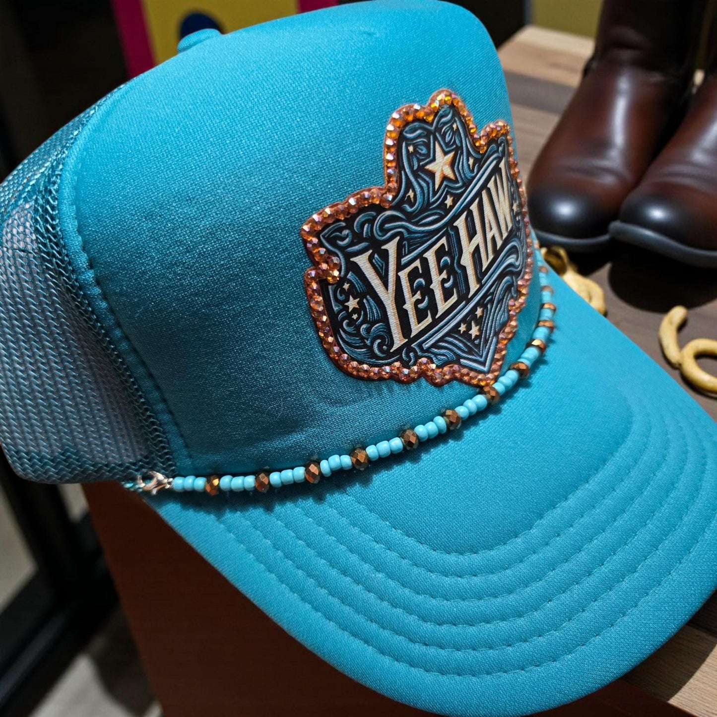 Turquoise “YEE HAW” Western Rhinestone Trucker Hat