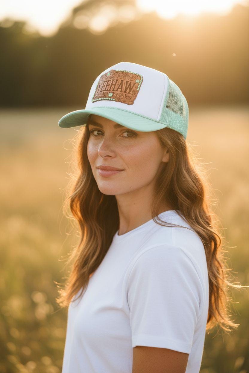 Mint Green “YEEHAW” Western Trucker Hat – Tooled Leather Patch rhinestone hat