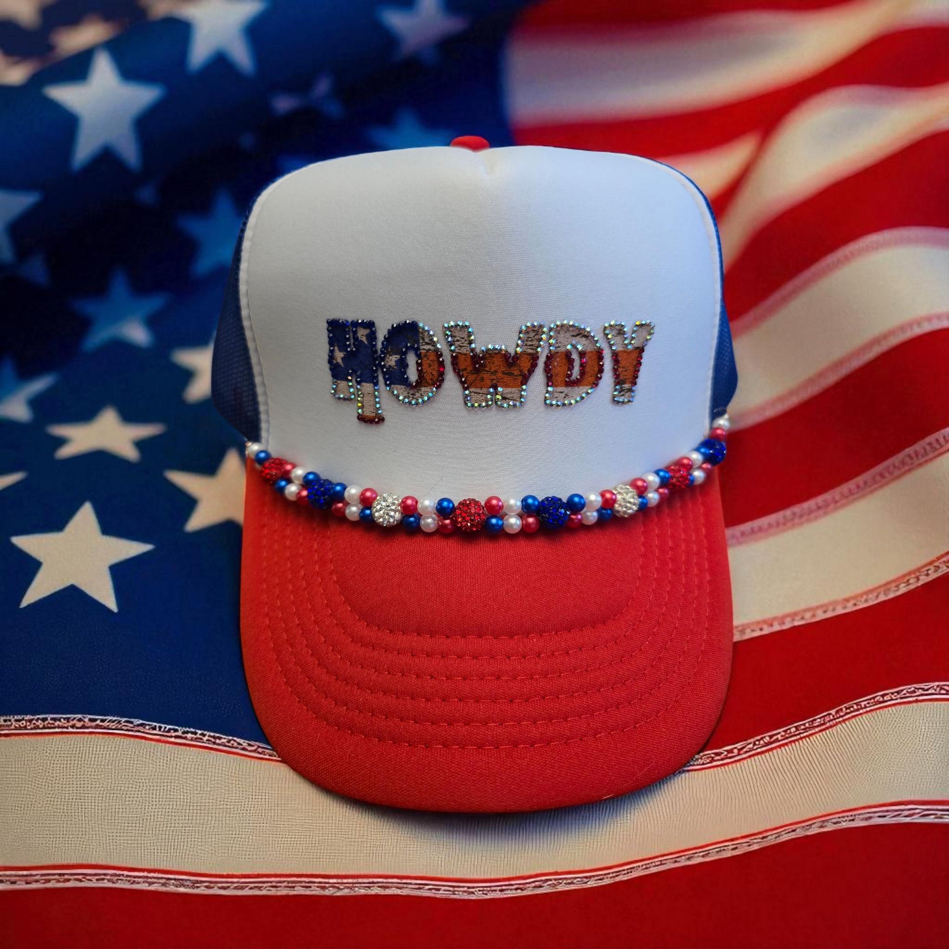 Rhinestone "Howdy" Cap: Patriotic USA Flag Cotton Blend