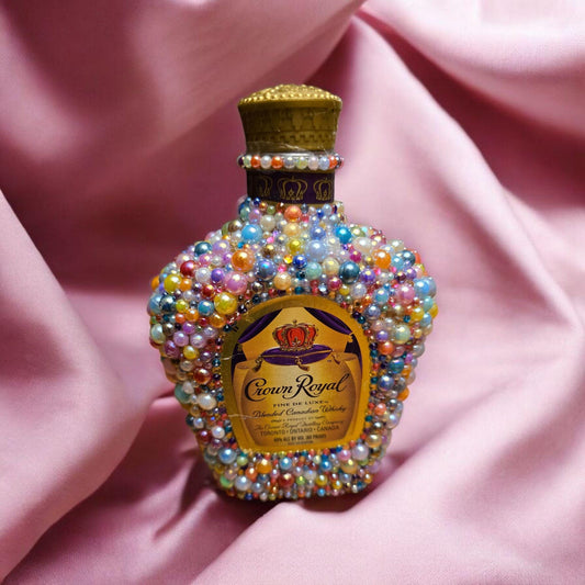 Glamorous Crown Royal Bottle Decor – Embellished with Pastel Pearls and Sparkling Rhinestones