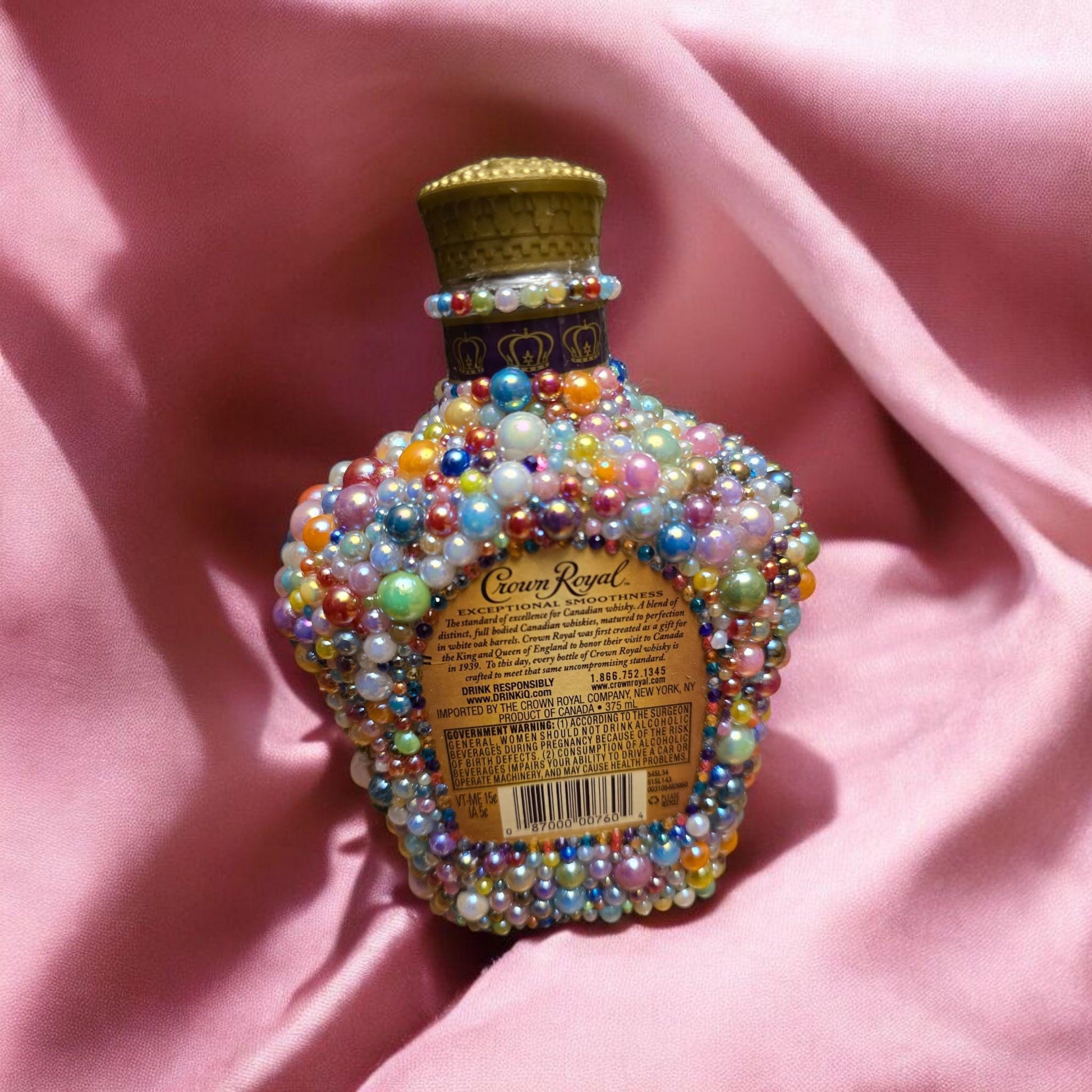 Glamorous Crown Royal Bottle Decor – Embellished with Pastel Pearls and Sparkling Rhinestones