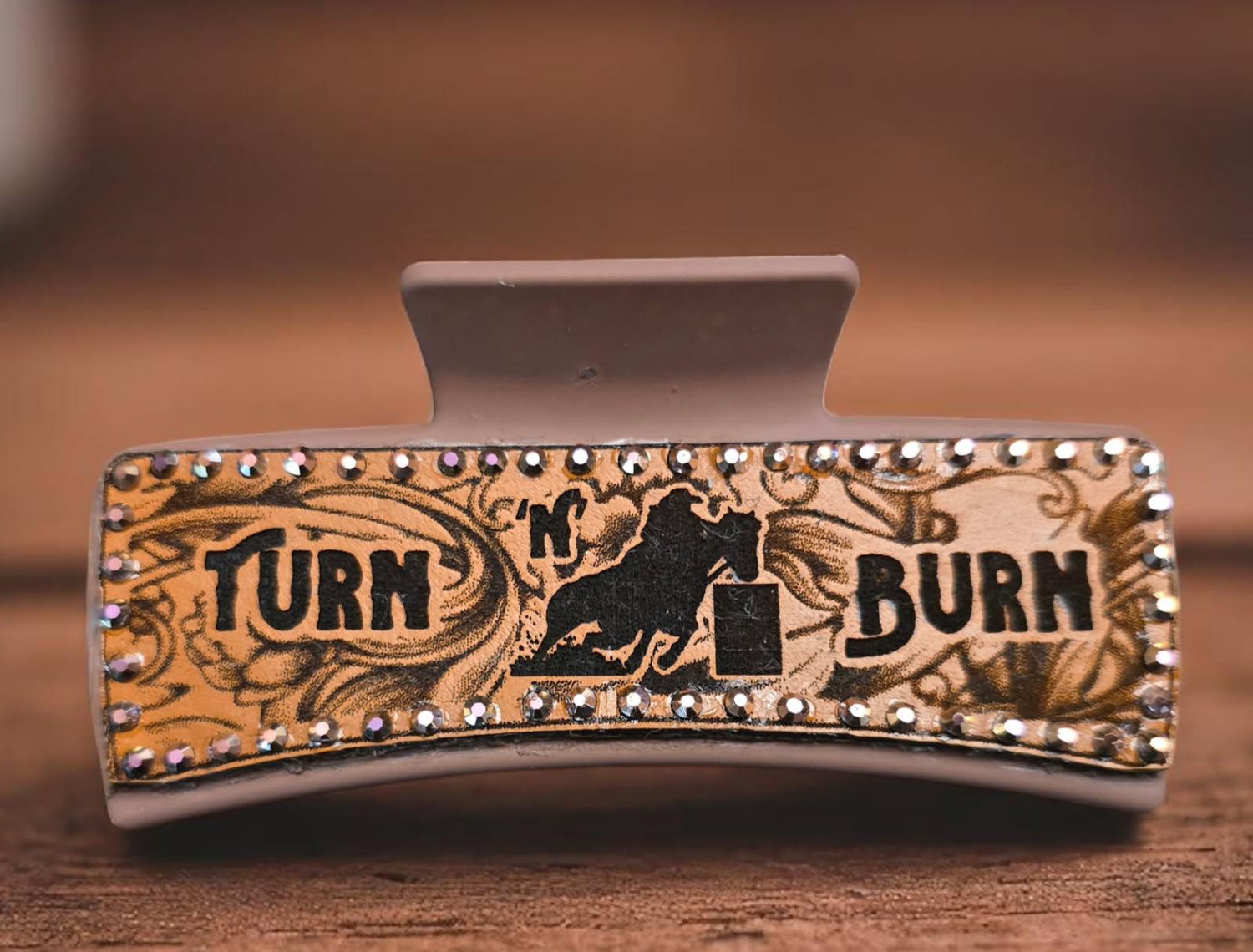 Tooled Leather Barrel Racing Hair Clip: Rhinestone Rodeo Accessory