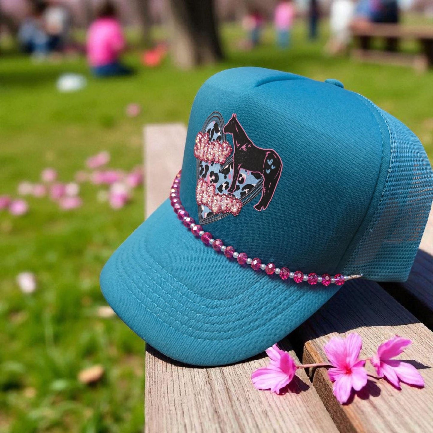 Teal "Show Mom" Trucker Hat: Pink Rhinestone Bling, Leopard Heart