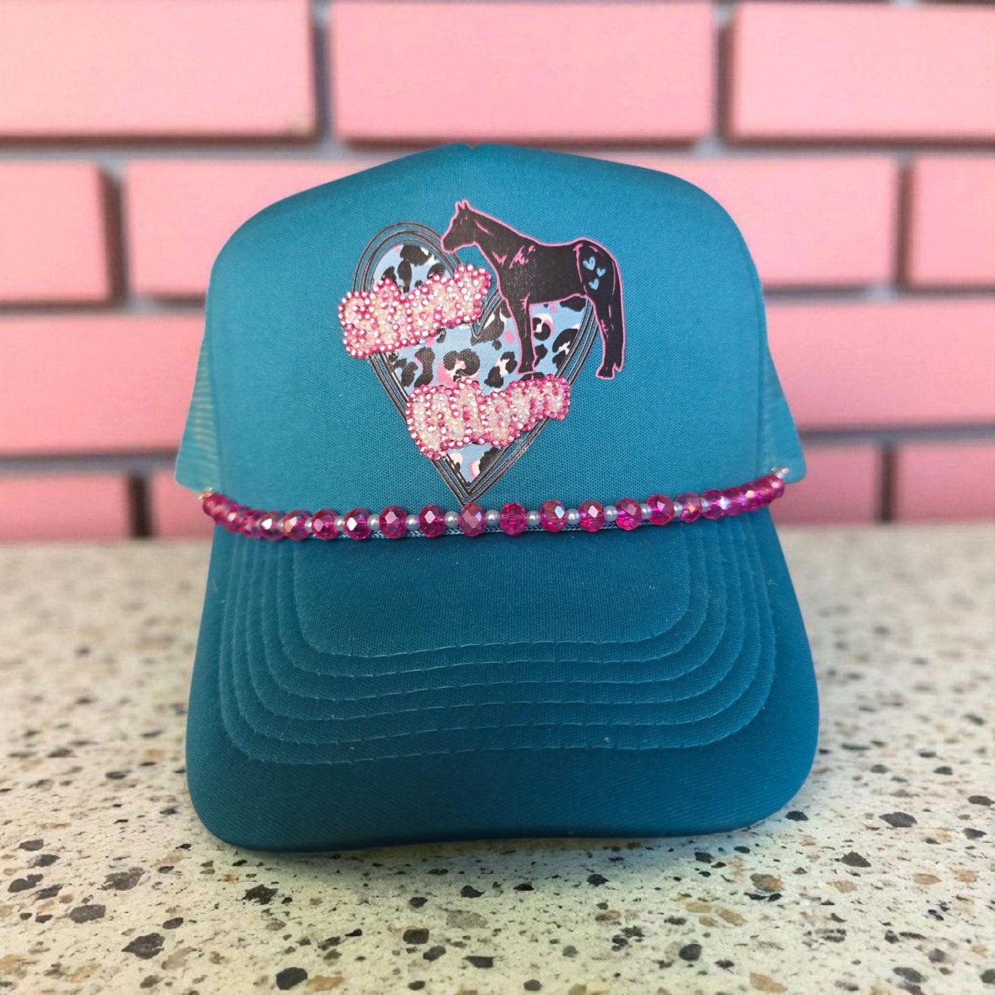 Teal "Show Mom" Trucker Hat: Pink Rhinestone Bling, Leopard Heart