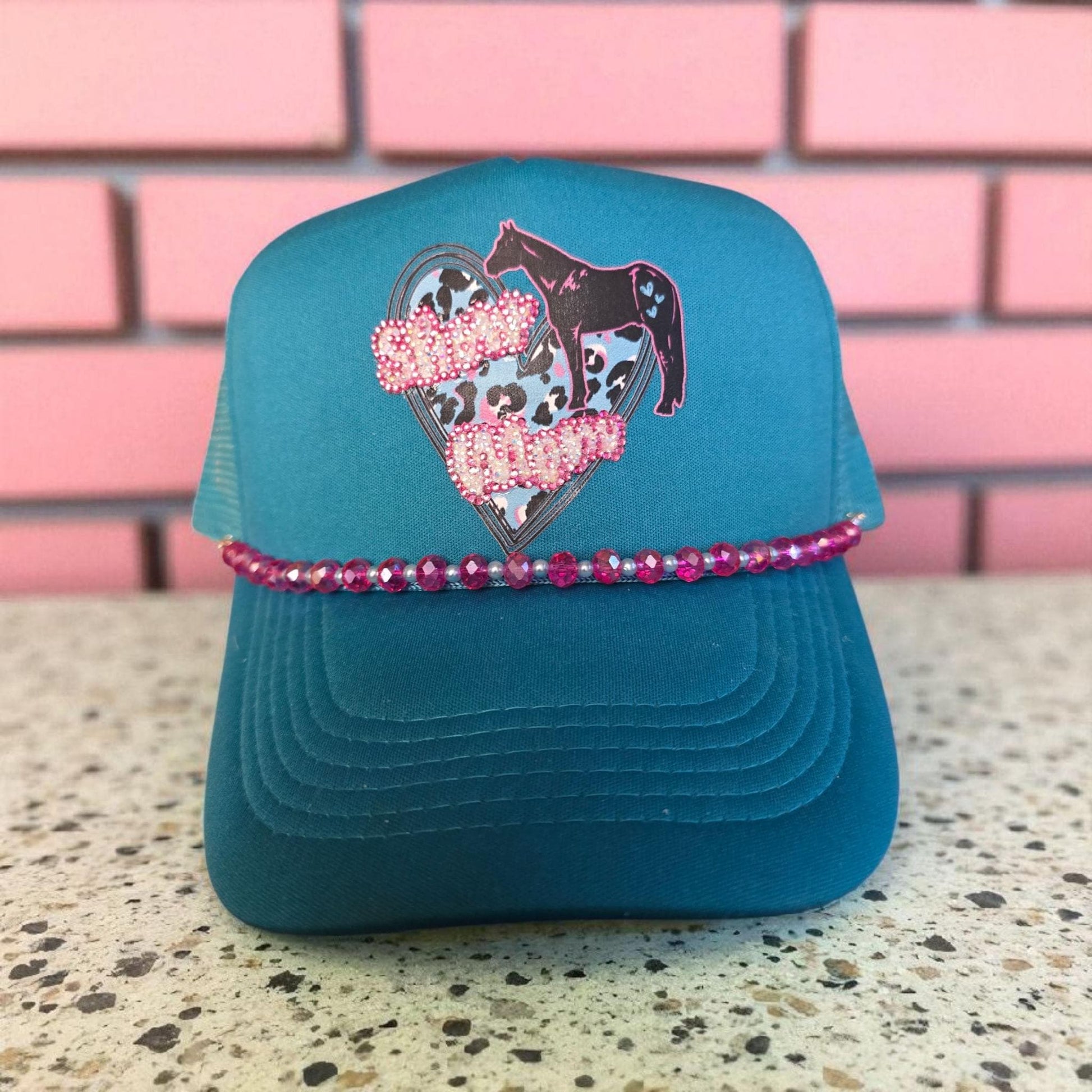 Teal "Show Mom" Trucker Hat: Pink Rhinestone Bling, Leopard Heart