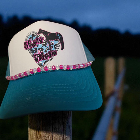 Teal "Show Mom" Trucker Hat: Pink Rhinestone Bling, Leopard Heart