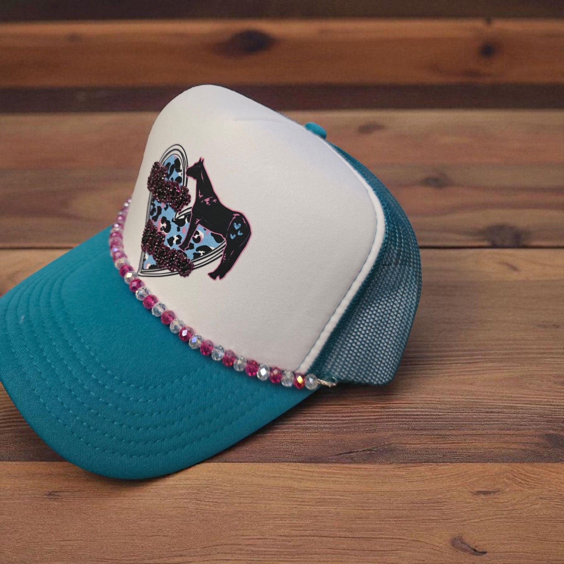 Teal "Show Mom" Trucker Hat: Pink Rhinestone Bling, Leopard Heart