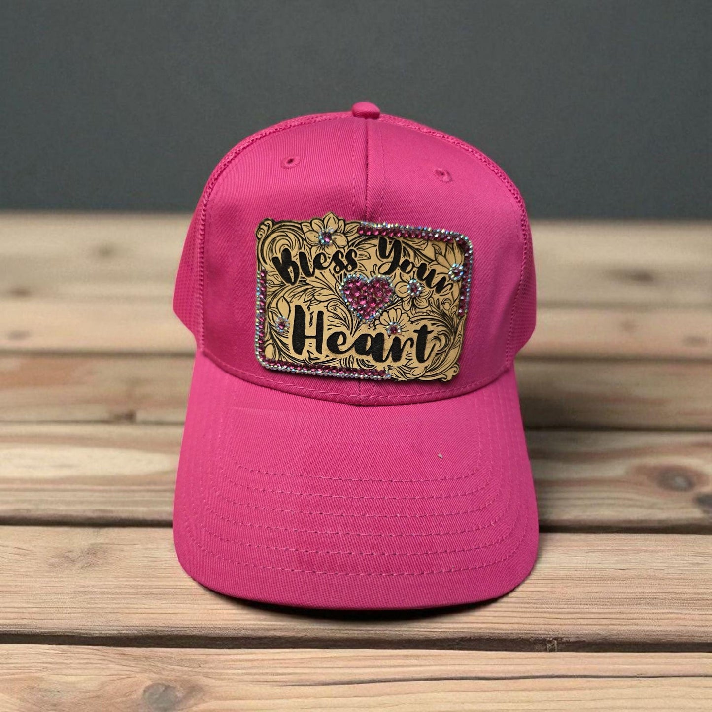 Pink Trucker Hat with "Bless Your Heart" Patch – Rhinestone Bling Embellished Southern Charm Cap
