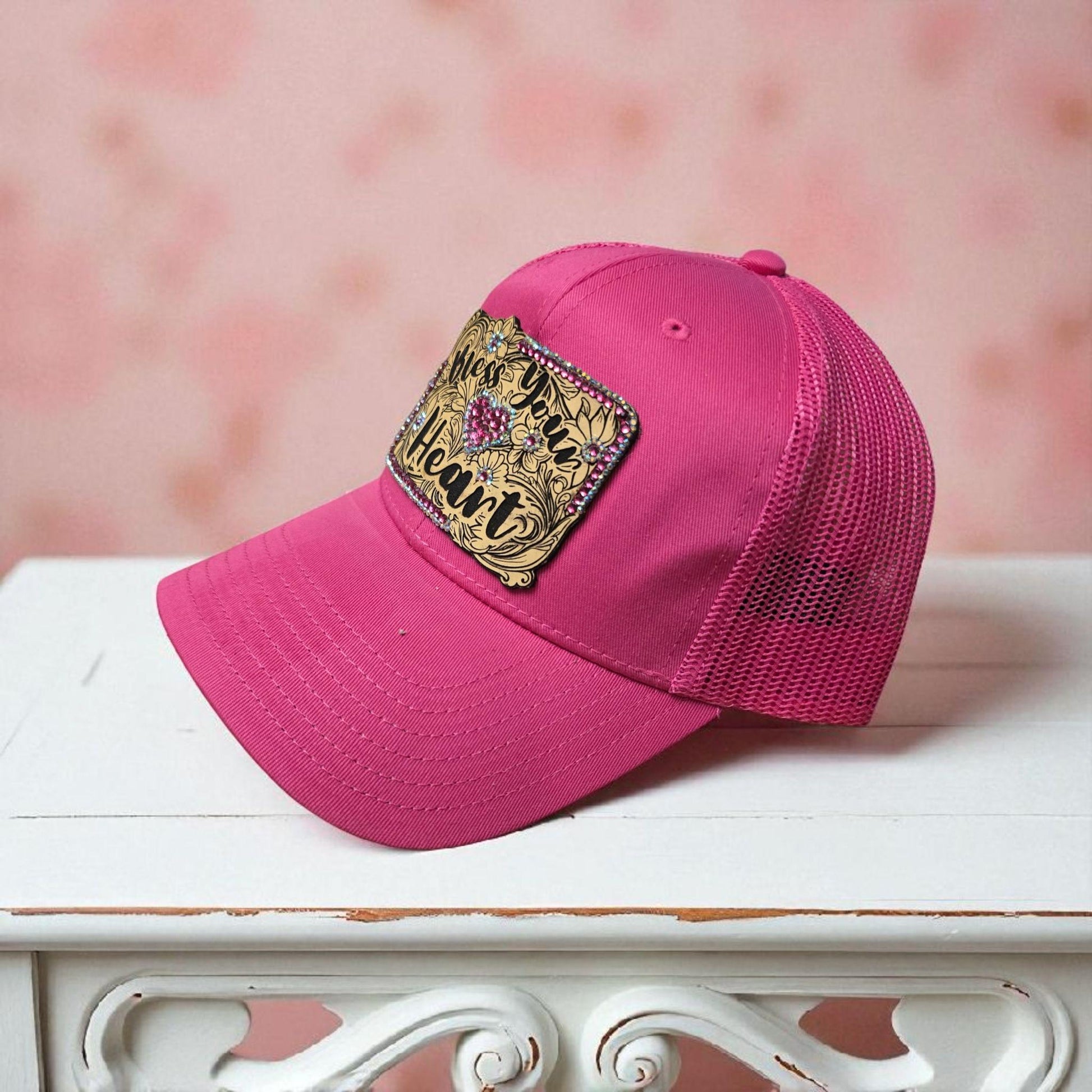 Pink Trucker Hat with "Bless Your Heart" Patch – Rhinestone Bling Embellished Southern Charm Cap