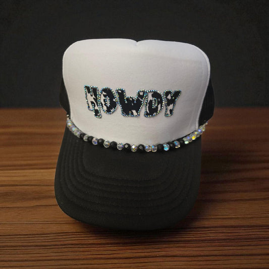 Howdy Cow Print Trucker Hat – Black & White Rhinestone Western Cap with Bling Lettering