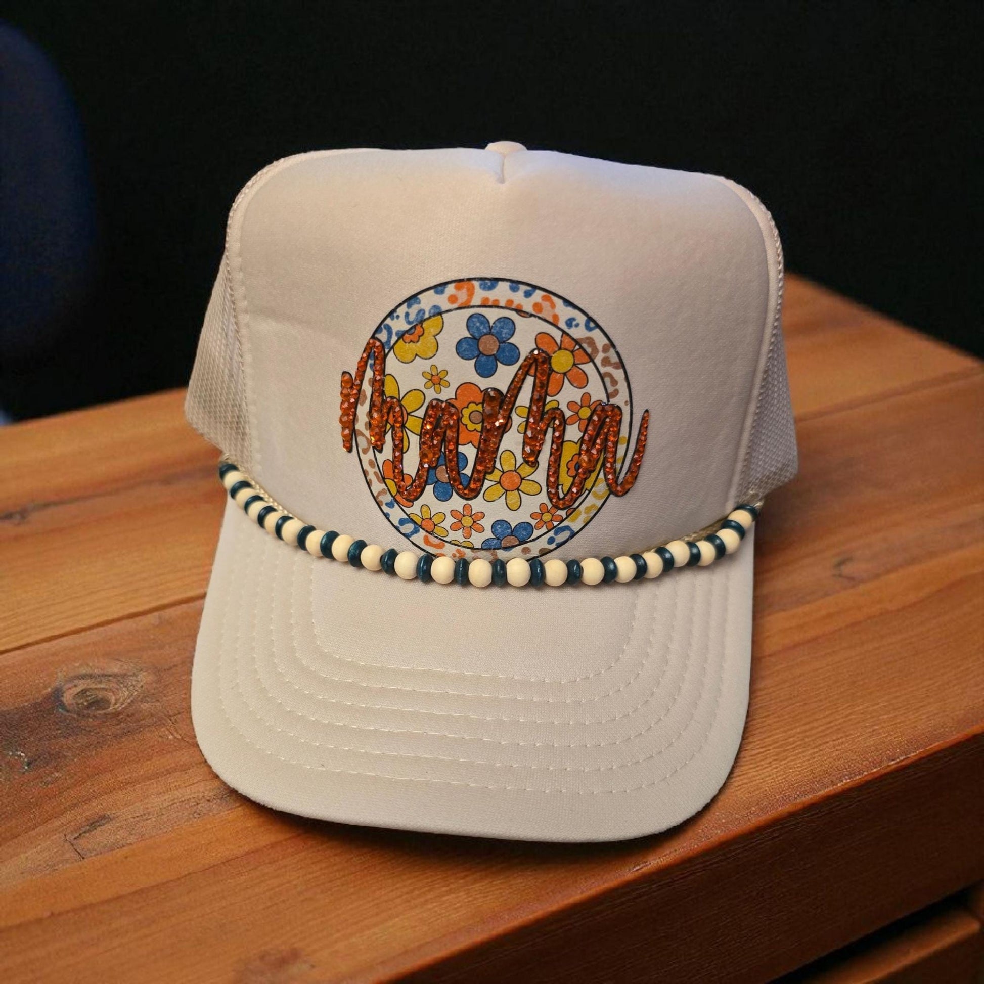 Floral “Mama” Trucker Hat – White Mesh Cap with Retro Flower Design & Beaded Brim