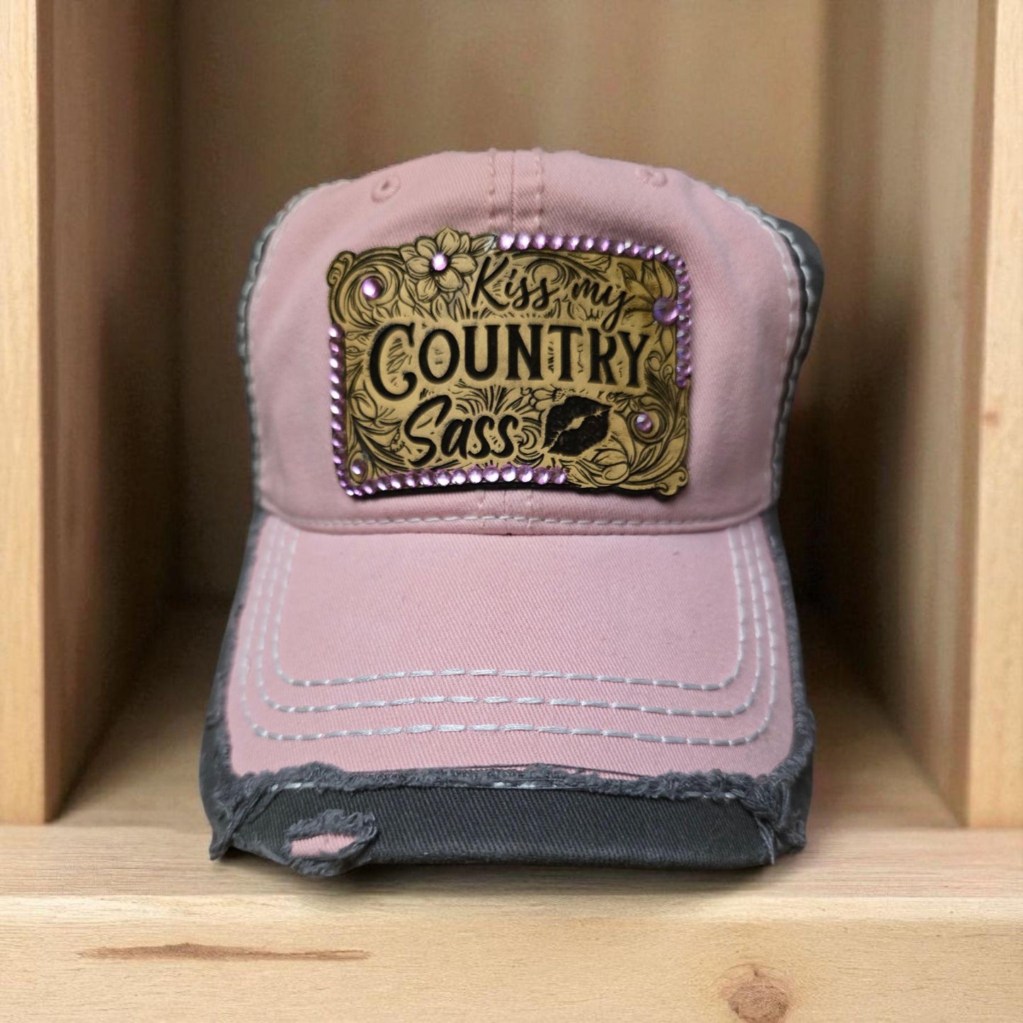 Kiss My Country Sass Trucker Hat – Pink & Charcoal Distressed Cap with Rhinestone Patch
