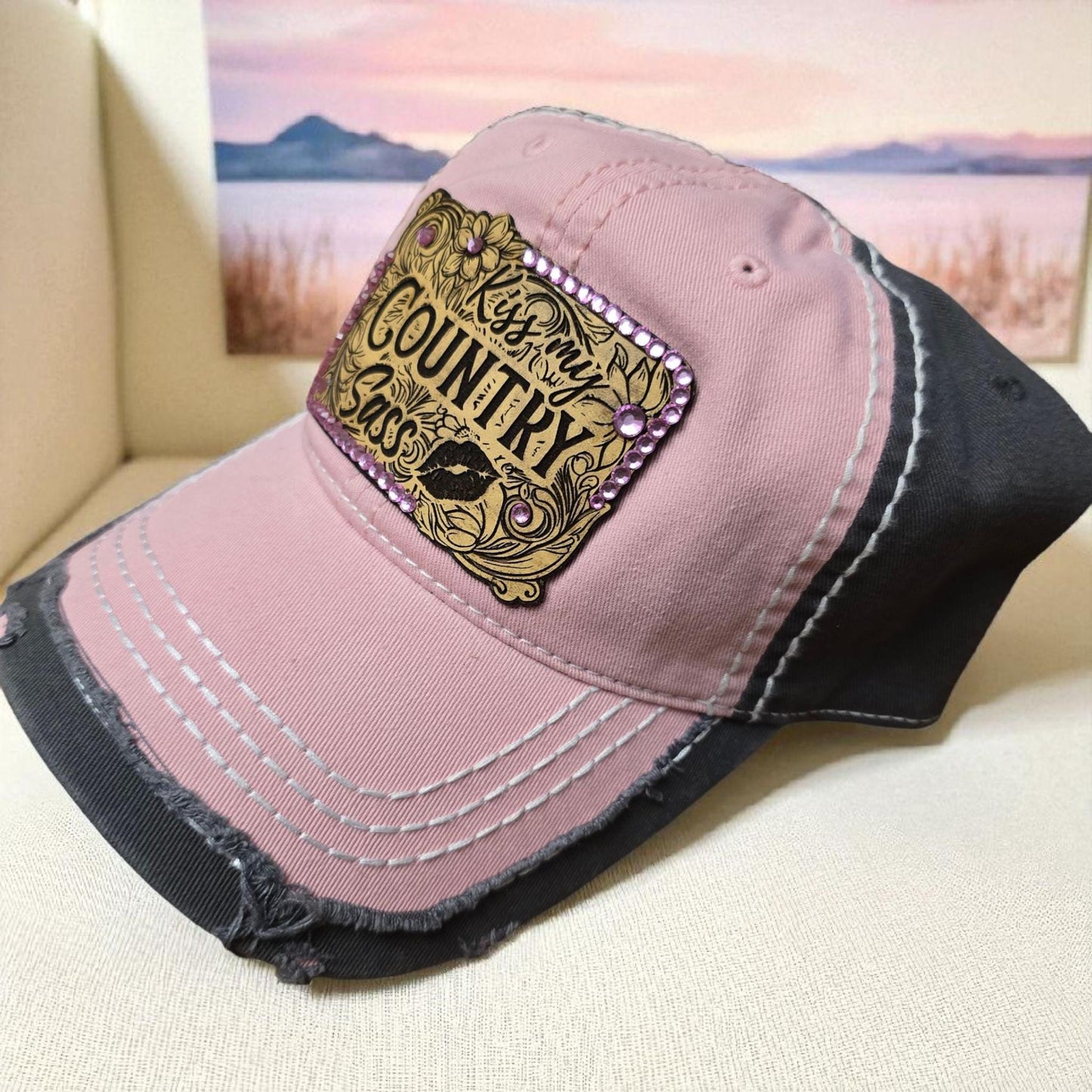 Kiss My Country Sass Trucker Hat – Pink & Charcoal Distressed Cap with Rhinestone Patch