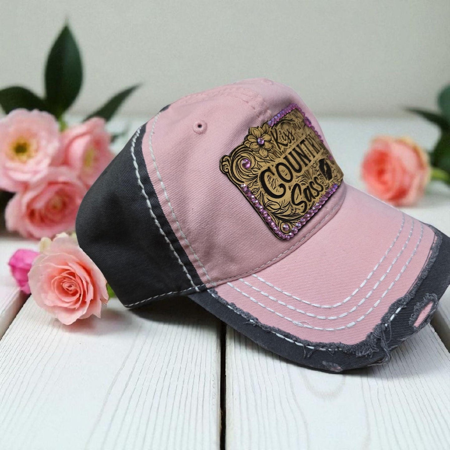 Kiss My Country Sass Trucker Hat – Pink & Charcoal Distressed Cap with Rhinestone Patch