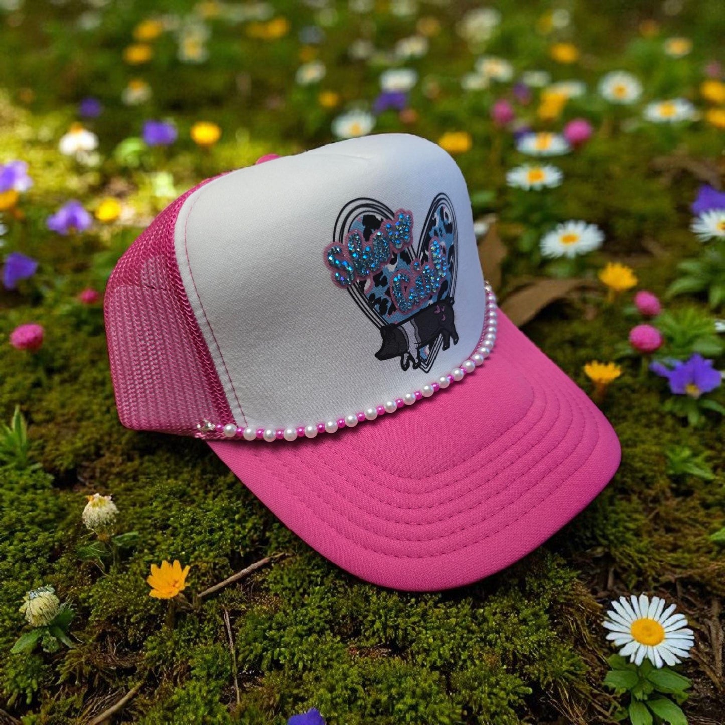 Show Girl Trucker Hat – Hot Pink Mesh Cap with Rhinestone Pig Patch & Pearl Beaded Brim