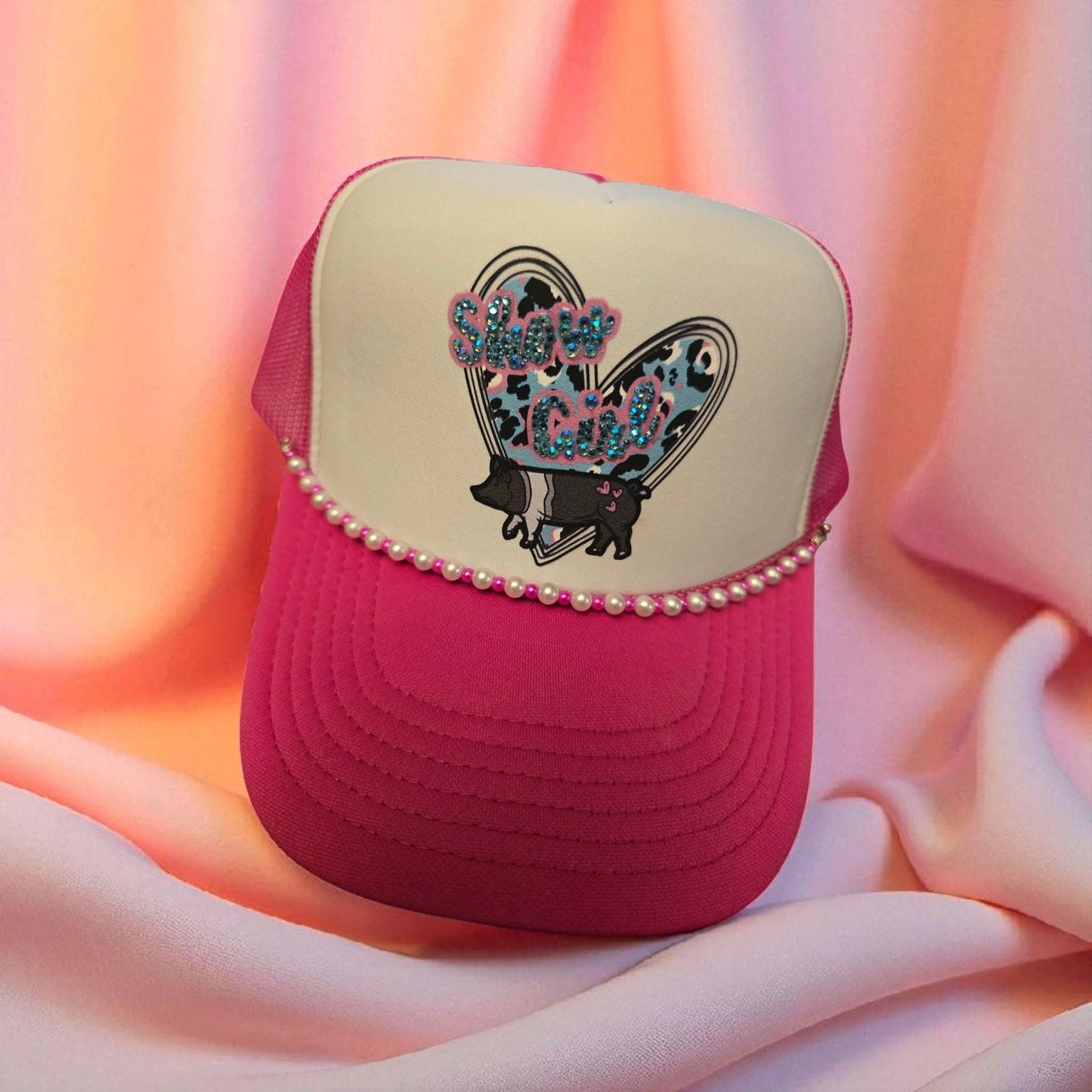 Show Girl Trucker Hat – Hot Pink Mesh Cap with Rhinestone Pig Patch & Pearl Beaded Brim
