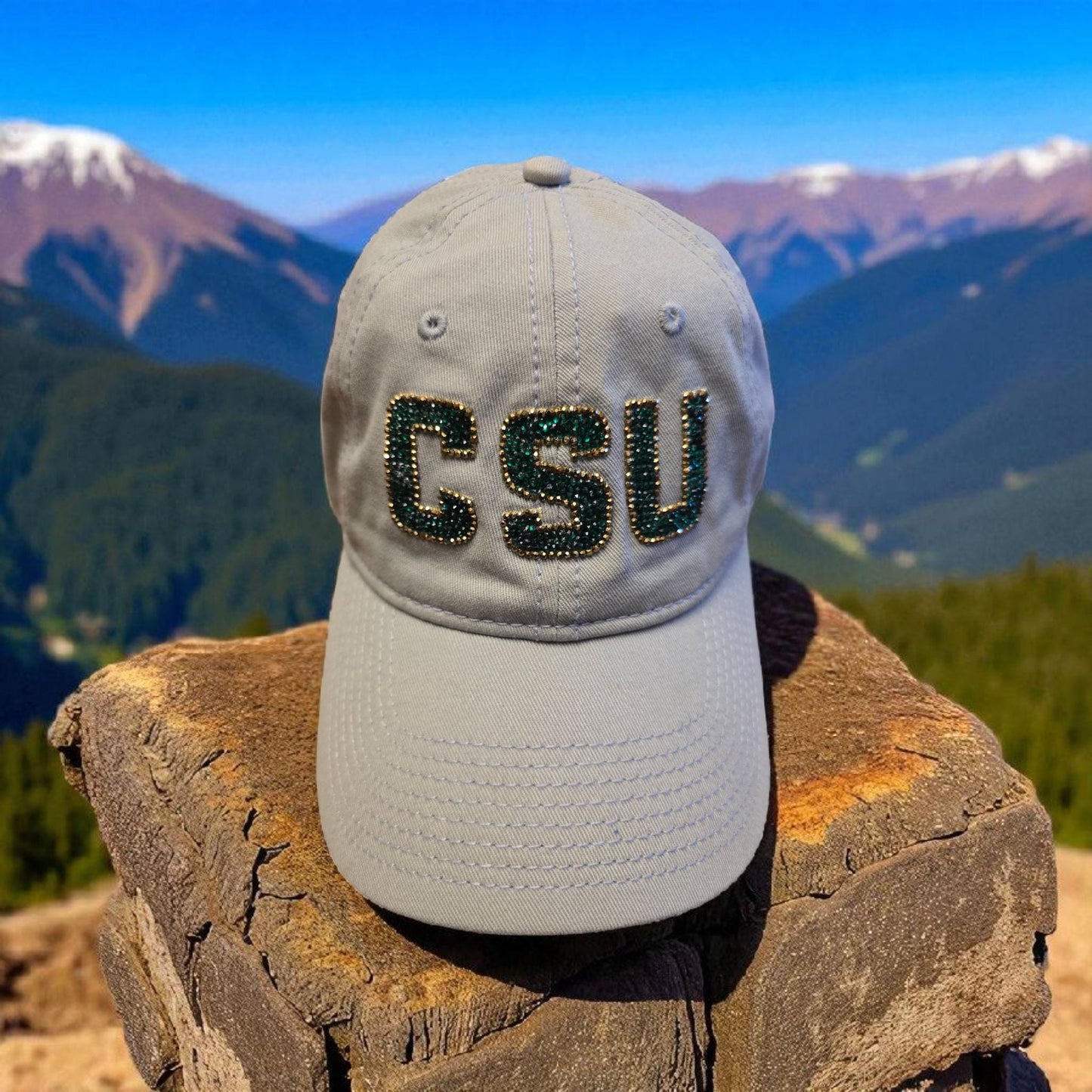 Colorado Sparkle Baseball Cap with Green & Gold Rhinestones - CSU Bling Hat