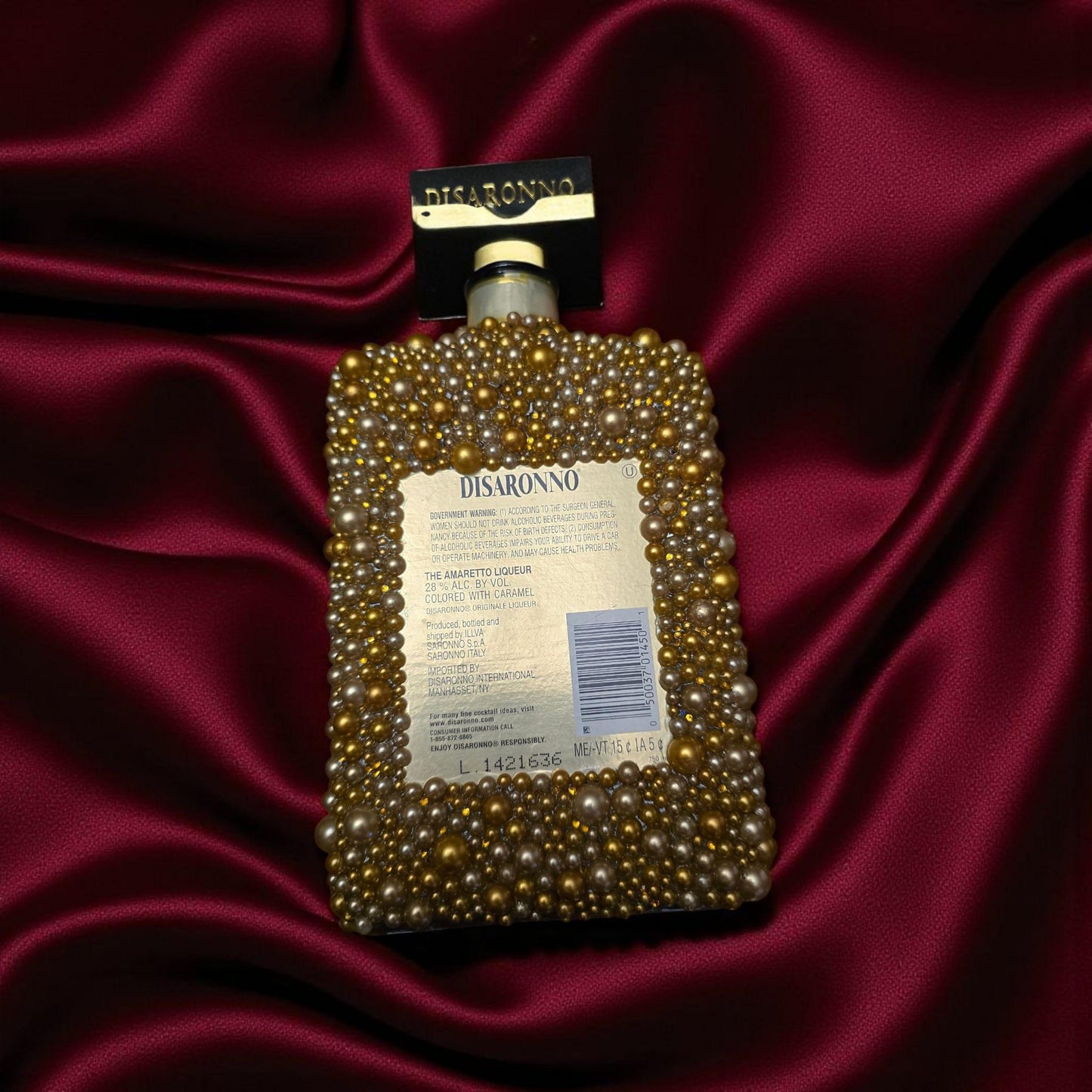 Custom Gold Pearl Beaded EMPTY Disaronno Bottle