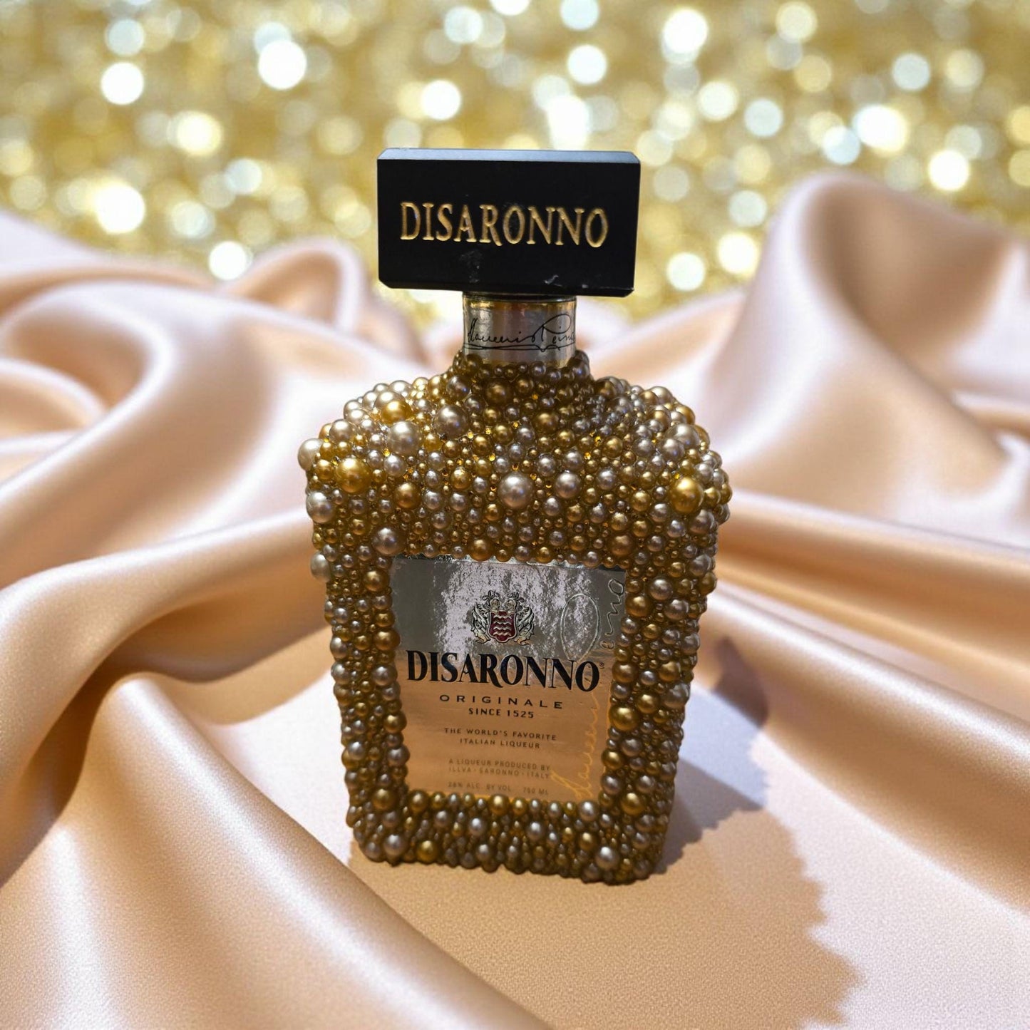 Custom Gold Pearl Beaded EMPTY Disaronno Bottle
