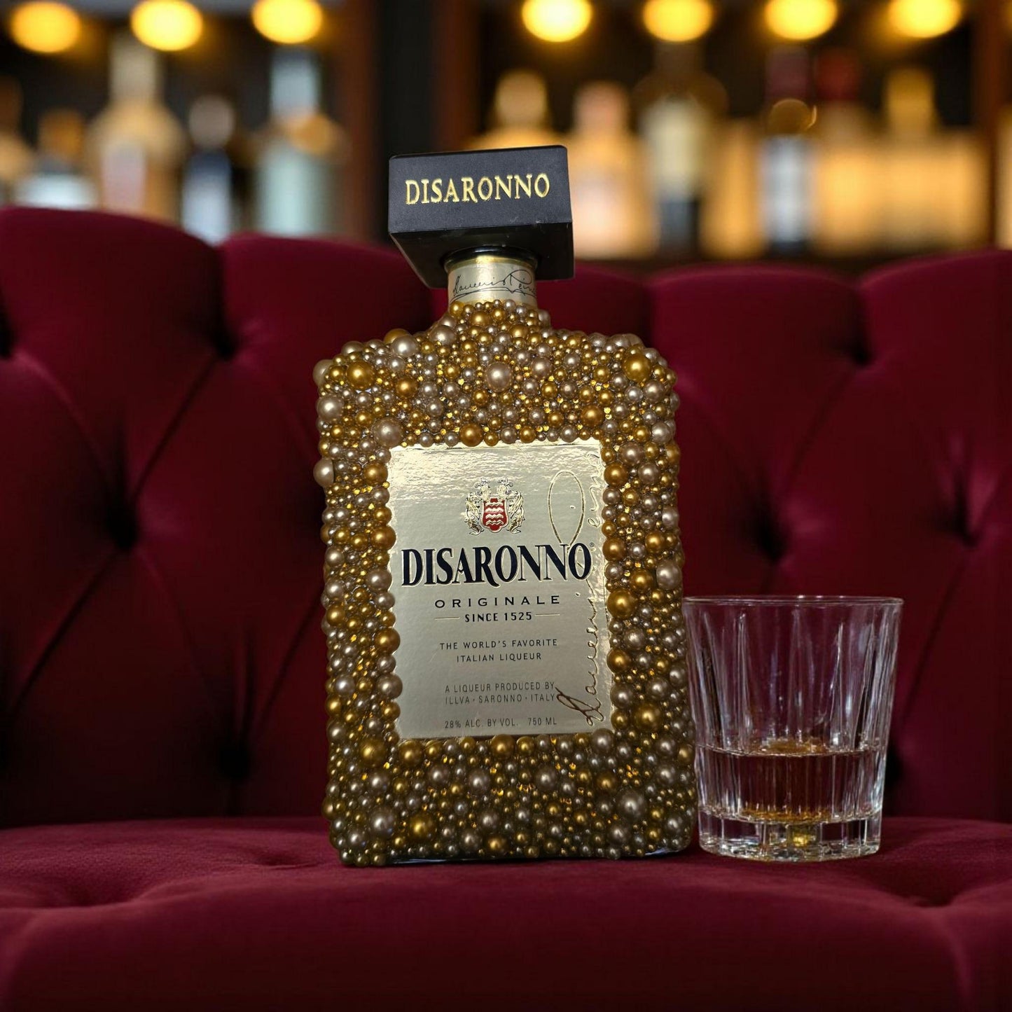 Custom Gold Pearl Beaded EMPTY Disaronno Bottle