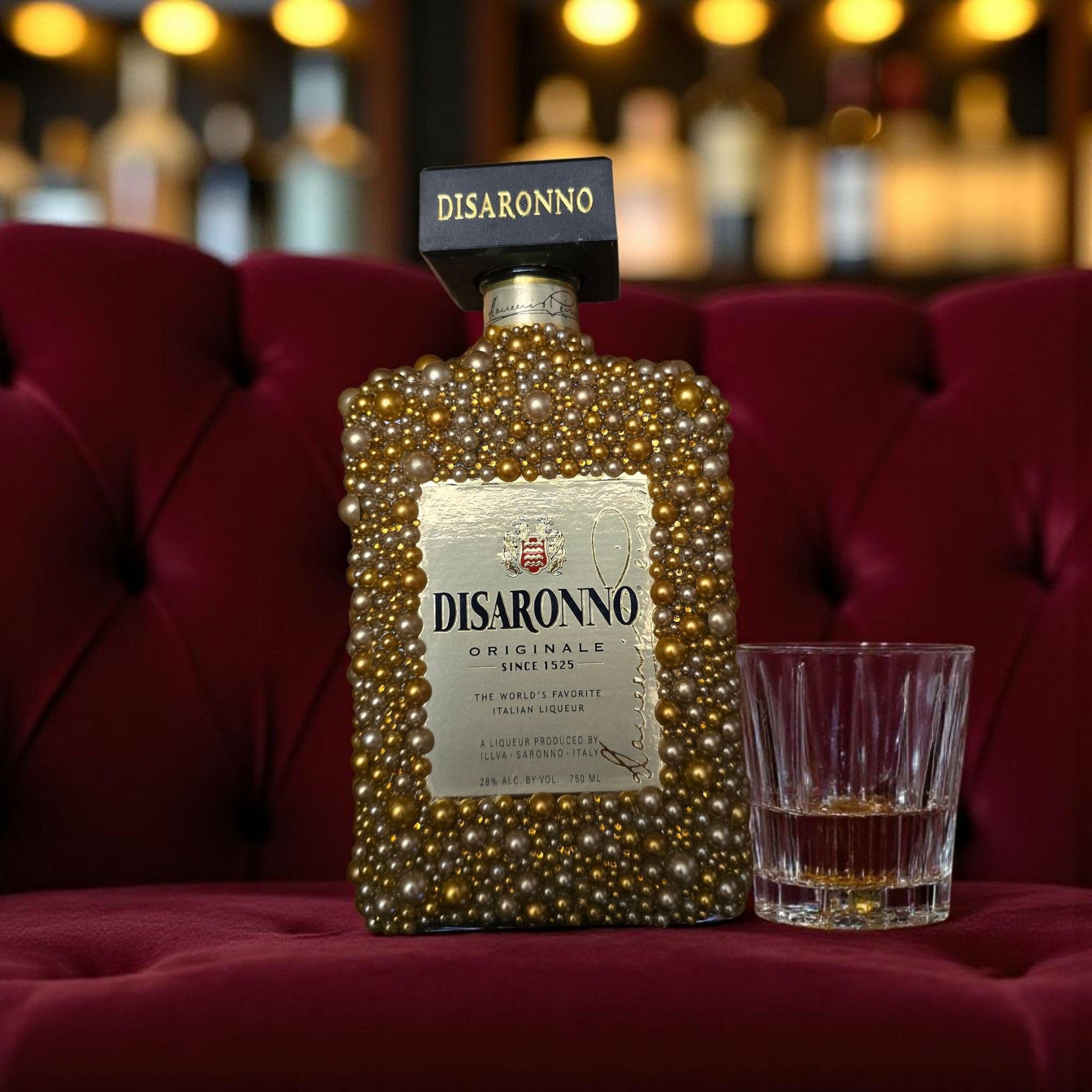 Custom Gold Pearl Beaded EMPTY Disaronno Bottle