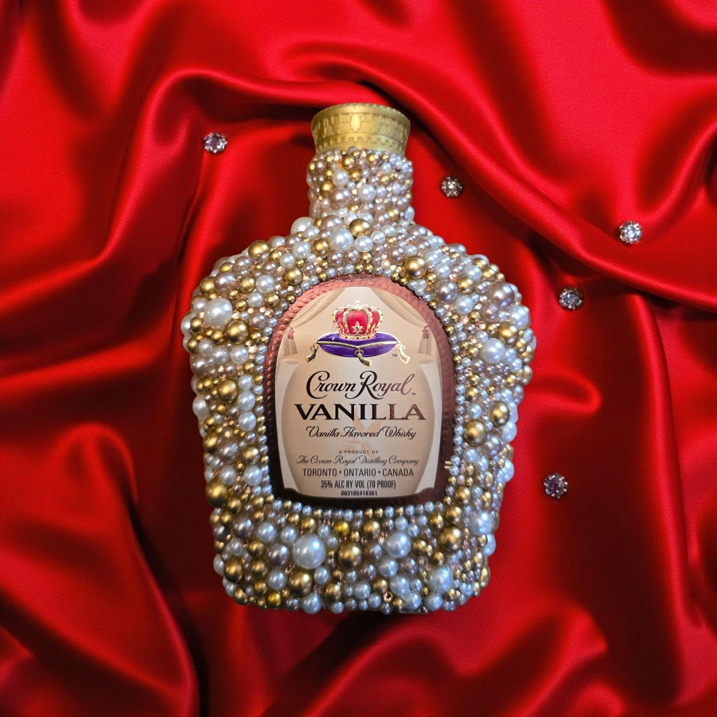 EMPTY Rhinestone Crown Royal Vanilla Bottle – Pearl & Gold Rhinestones