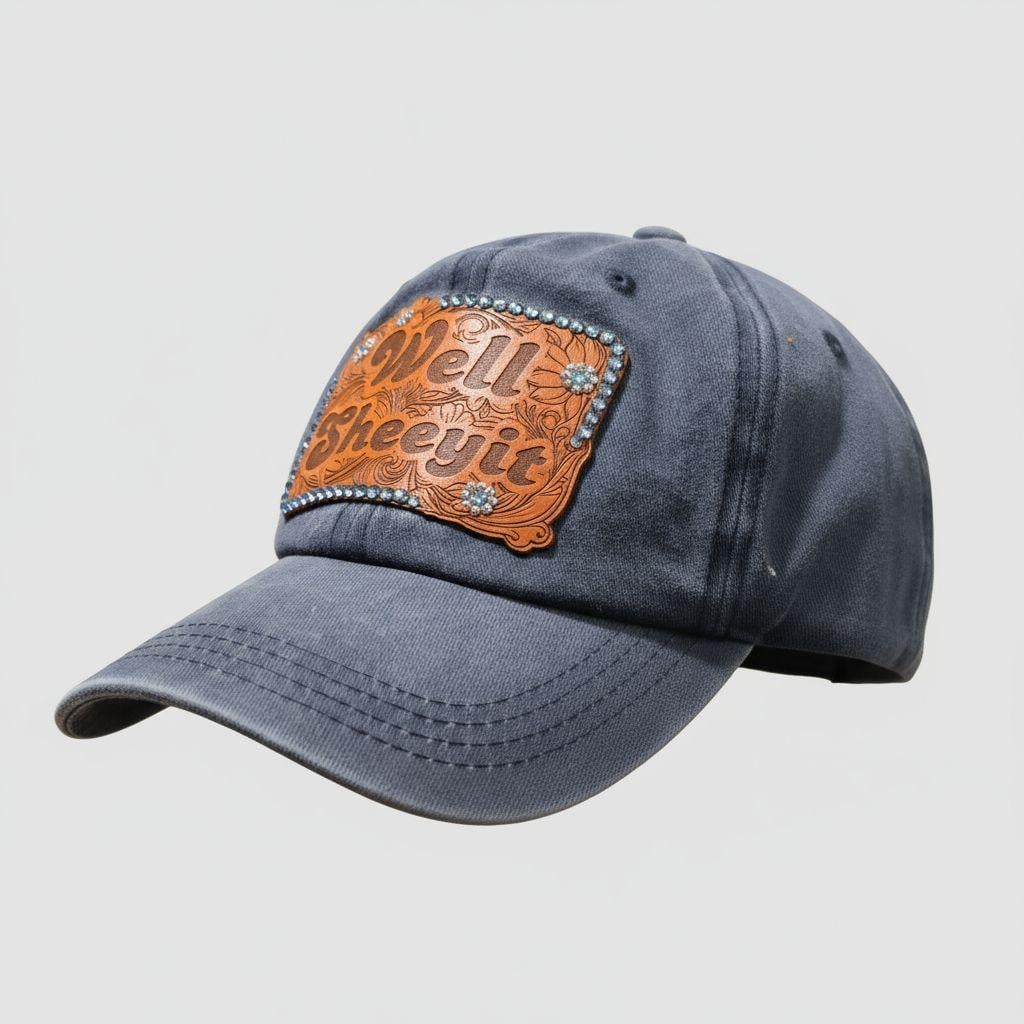 Funny Western "Well Sheeyit” Rhinestone Blue Denim Hat