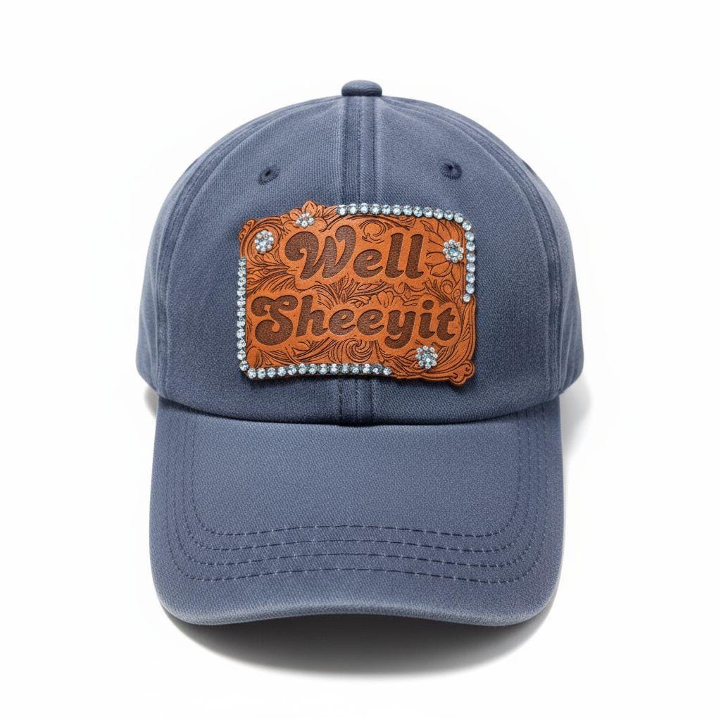 Funny Western "Well Sheeyit” Rhinestone Blue Denim Hat