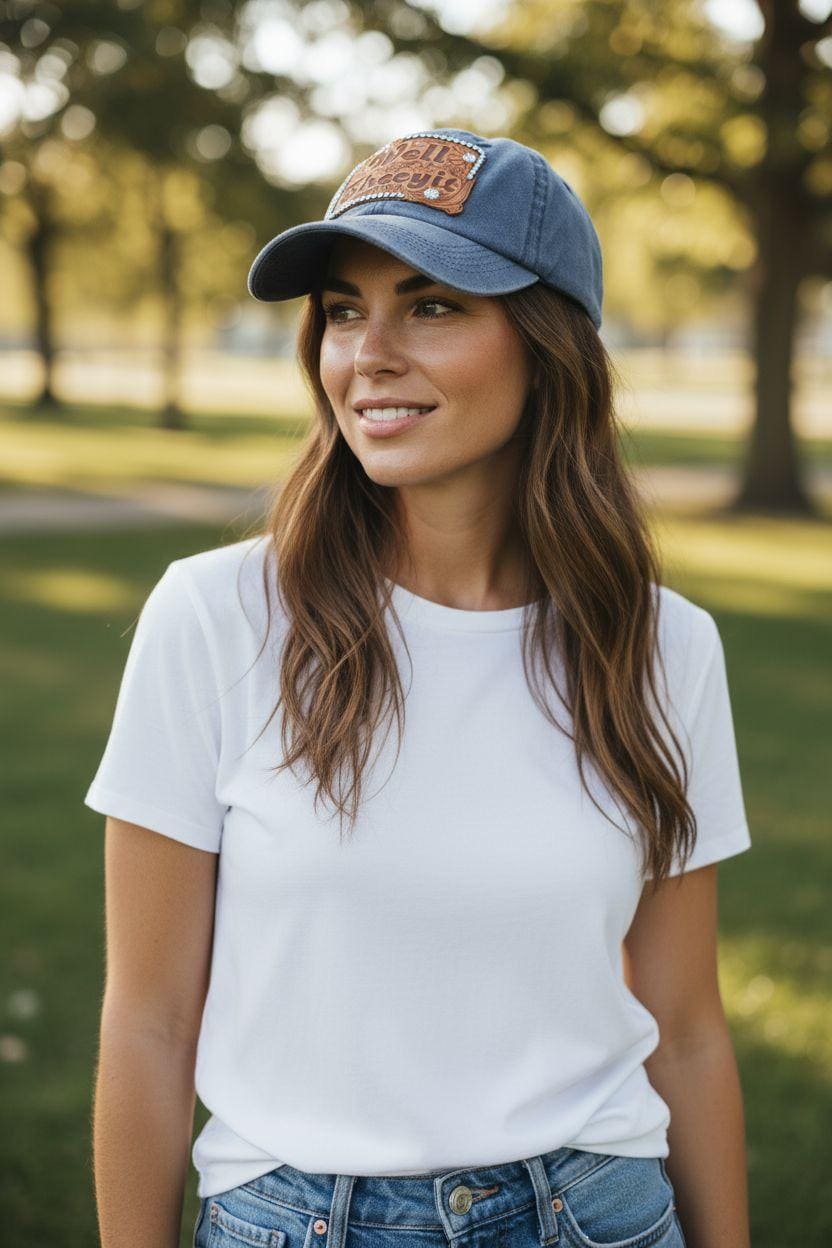 Funny Western "Well Sheeyit” Rhinestone Blue Denim Hat