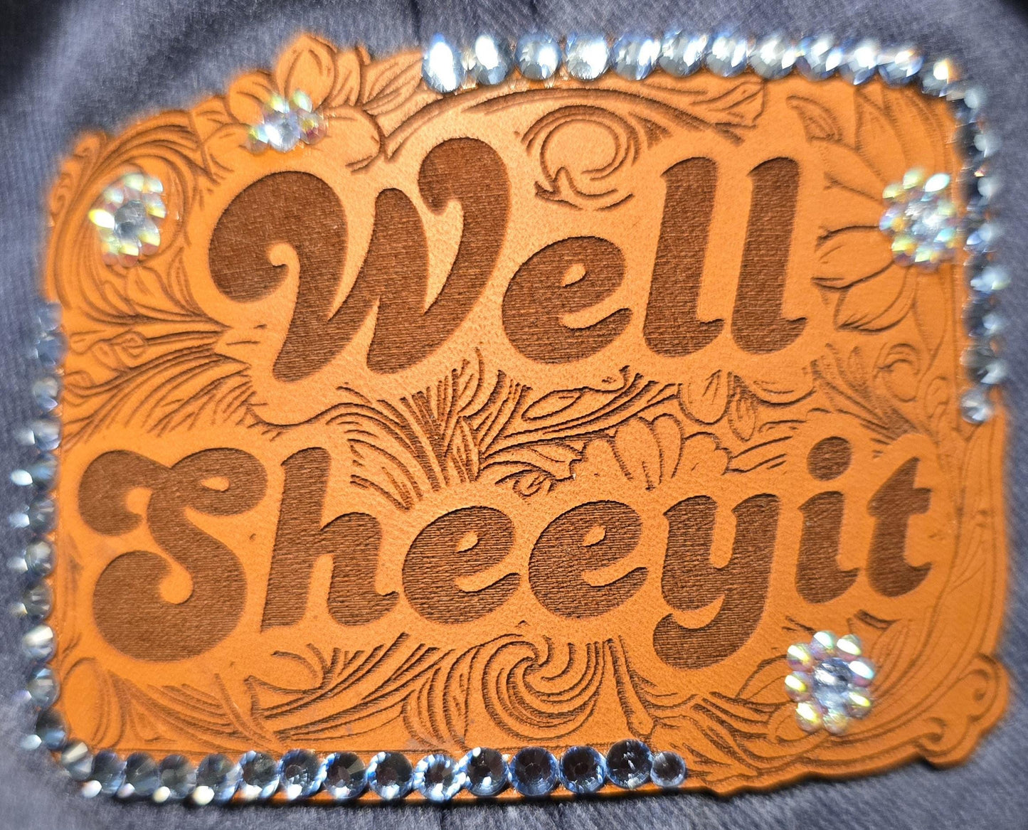 Funny Western "Well Sheeyit” Rhinestone Blue Denim Hat
