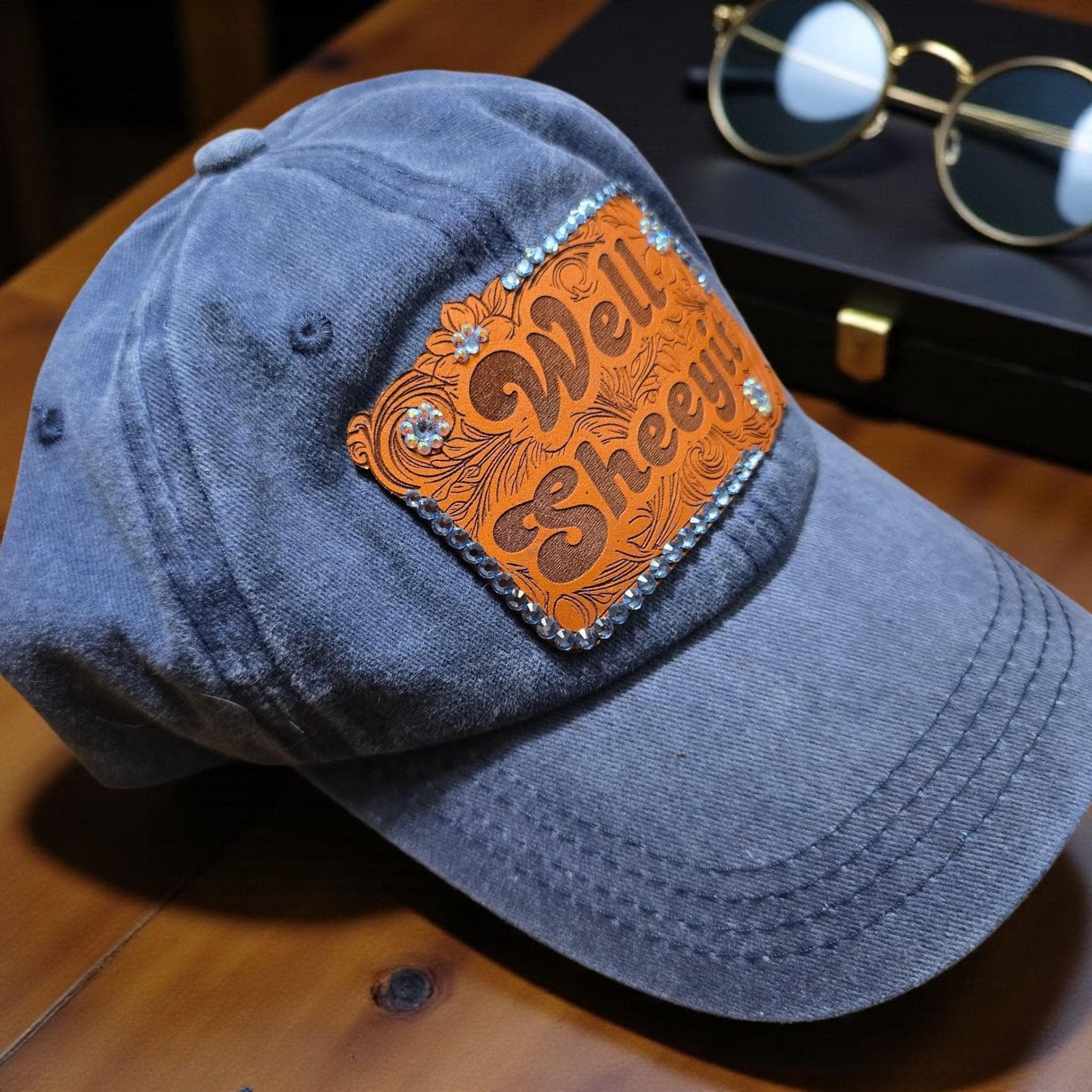 Funny Western "Well Sheeyit” Rhinestone Blue Denim Hat