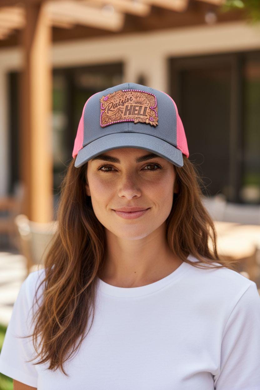 Western Leather Patch "Raisin’ Hell" Rhinestone Trucker Hat