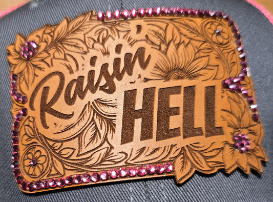 Western Leather Patch "Raisin’ Hell" Rhinestone Trucker Hat
