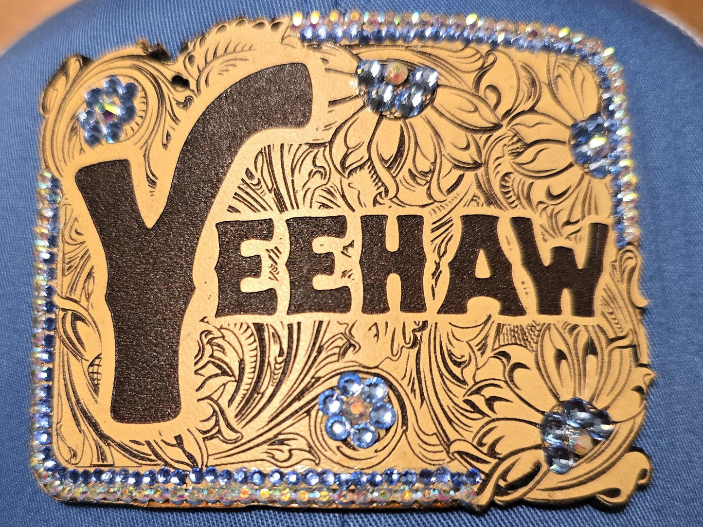 Western "YEEHAW" Rhinestone Trucker Blue and Tan Hat