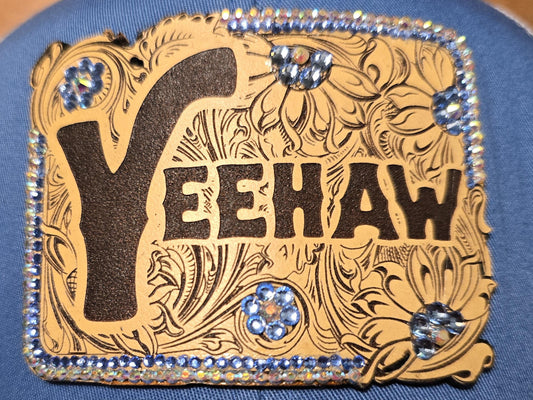 Western "YEEHAW" Rhinestone Trucker Blue and Tan Hat