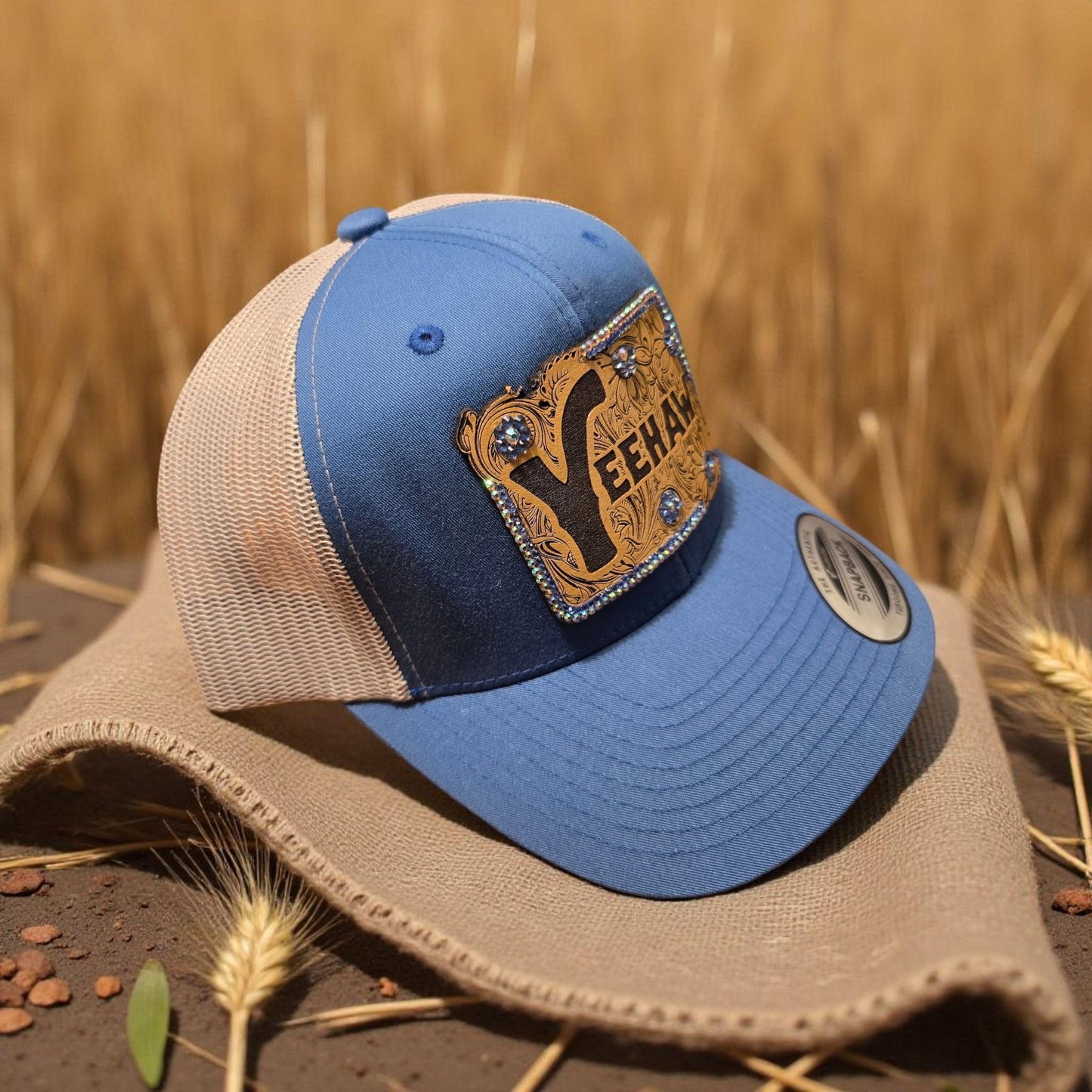 Western "YEEHAW" Rhinestone Trucker Blue and Tan Hat