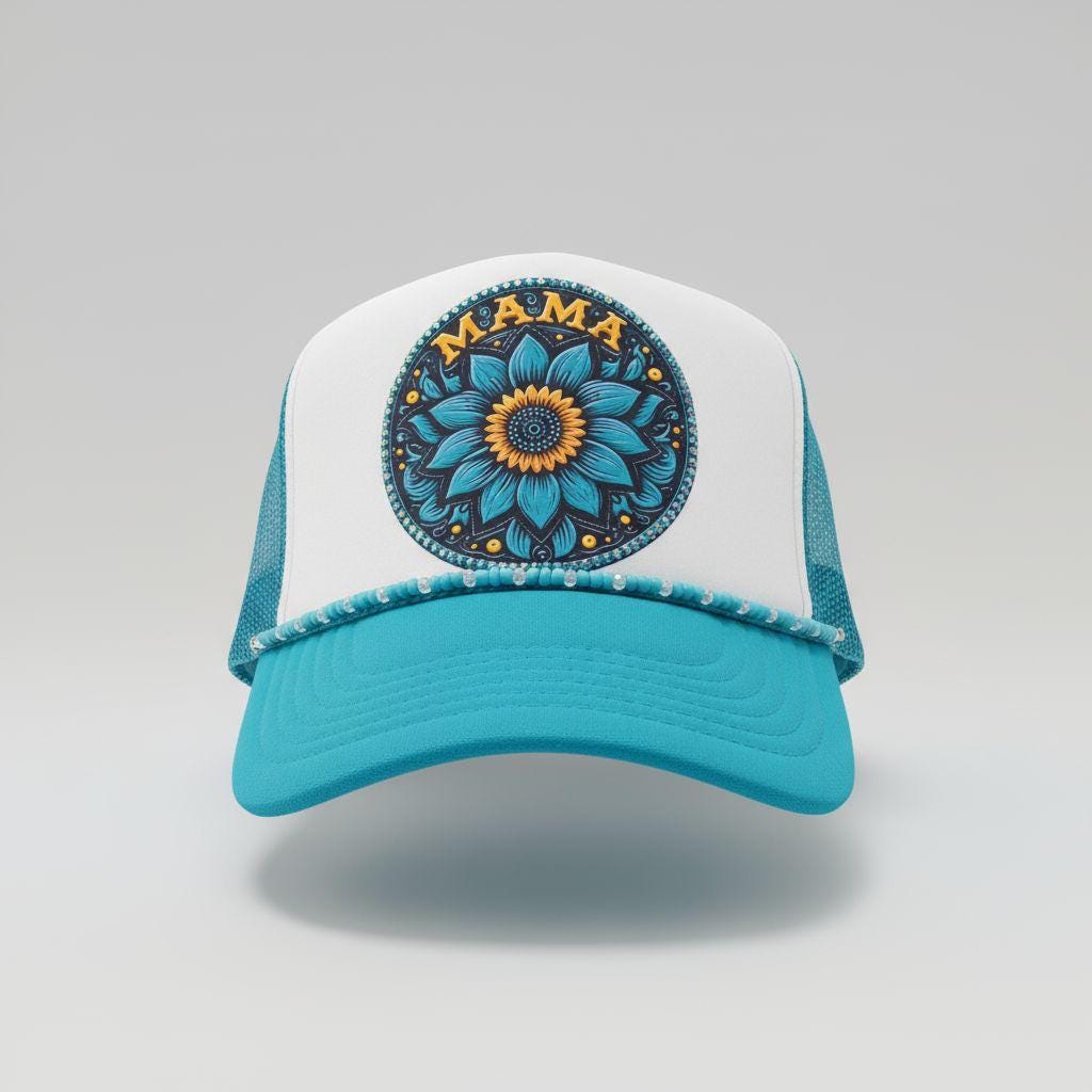 Turquoise “MAMA” Trucker Hat – Boho Sunflower Patch Cap – Western Style Mesh Back Hat for Moms