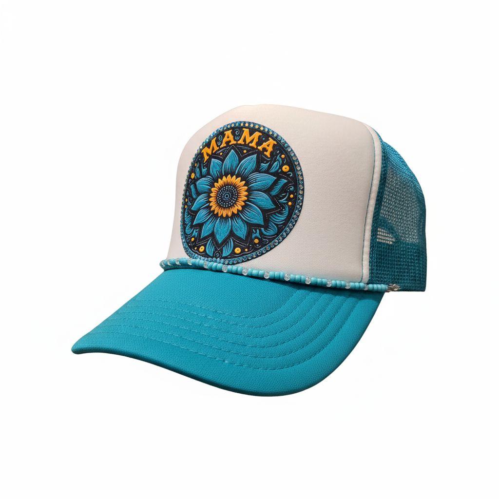 Turquoise “MAMA” Trucker Hat – Boho Sunflower Patch Cap – Western Style Mesh Back Hat for Moms