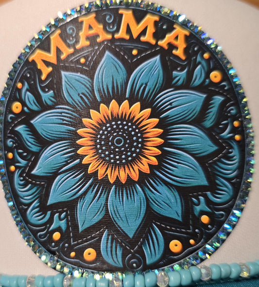 Turquoise “MAMA” Trucker Hat – Boho Sunflower Patch Cap – Western Style Mesh Back Hat for Moms