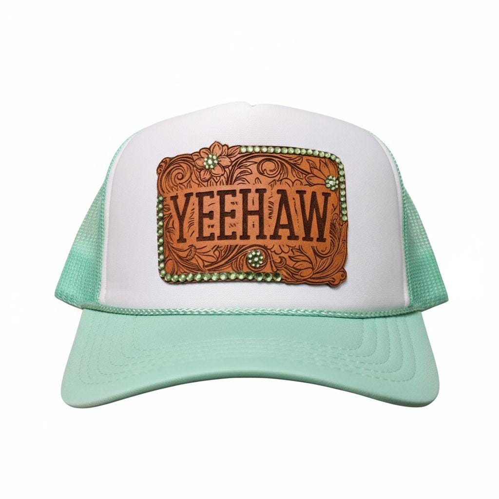 Mint Green “YEEHAW” Western Trucker Hat – Tooled Leather Patch rhinestone hat