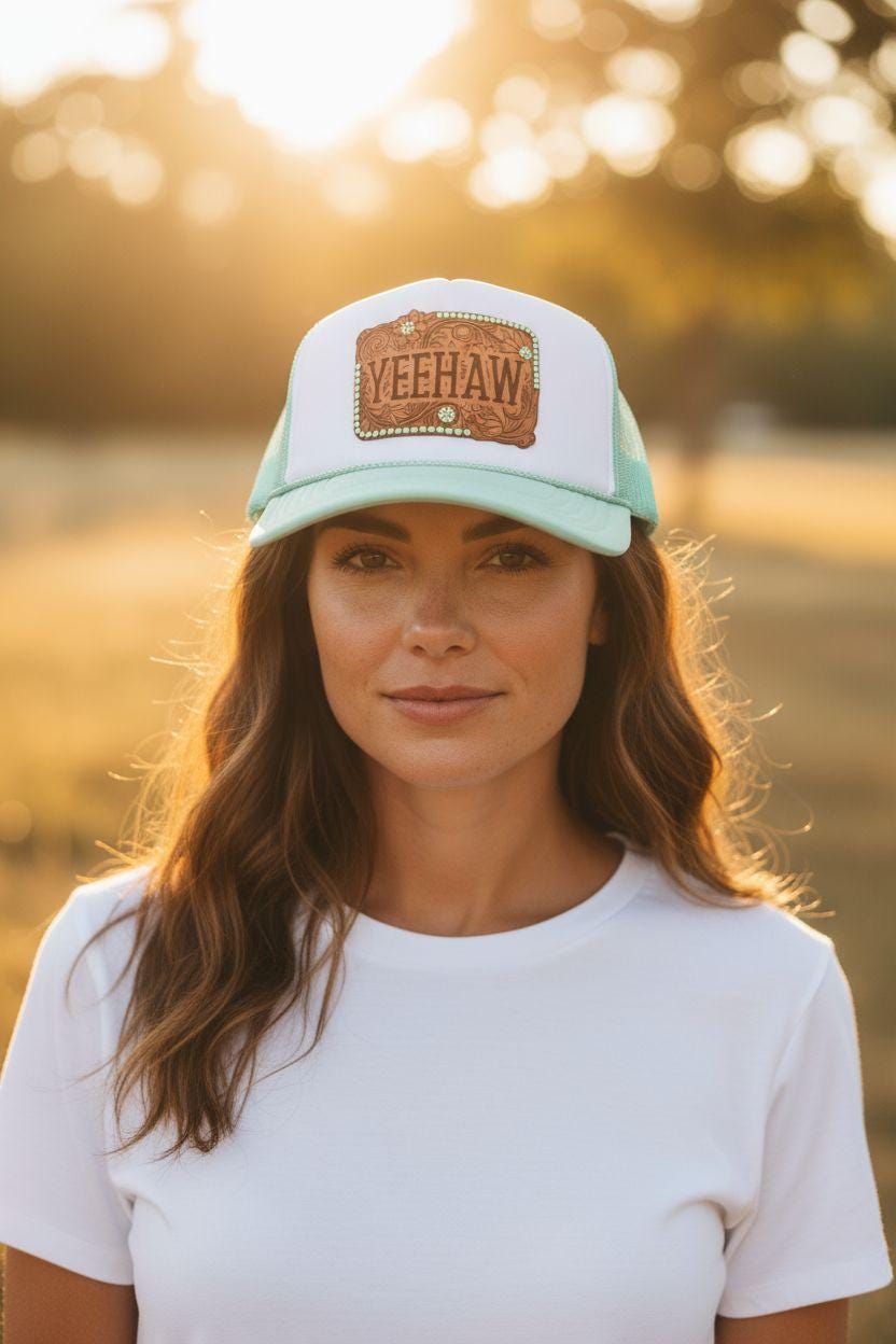 Mint Green “YEEHAW” Western Trucker Hat – Tooled Leather Patch rhinestone hat