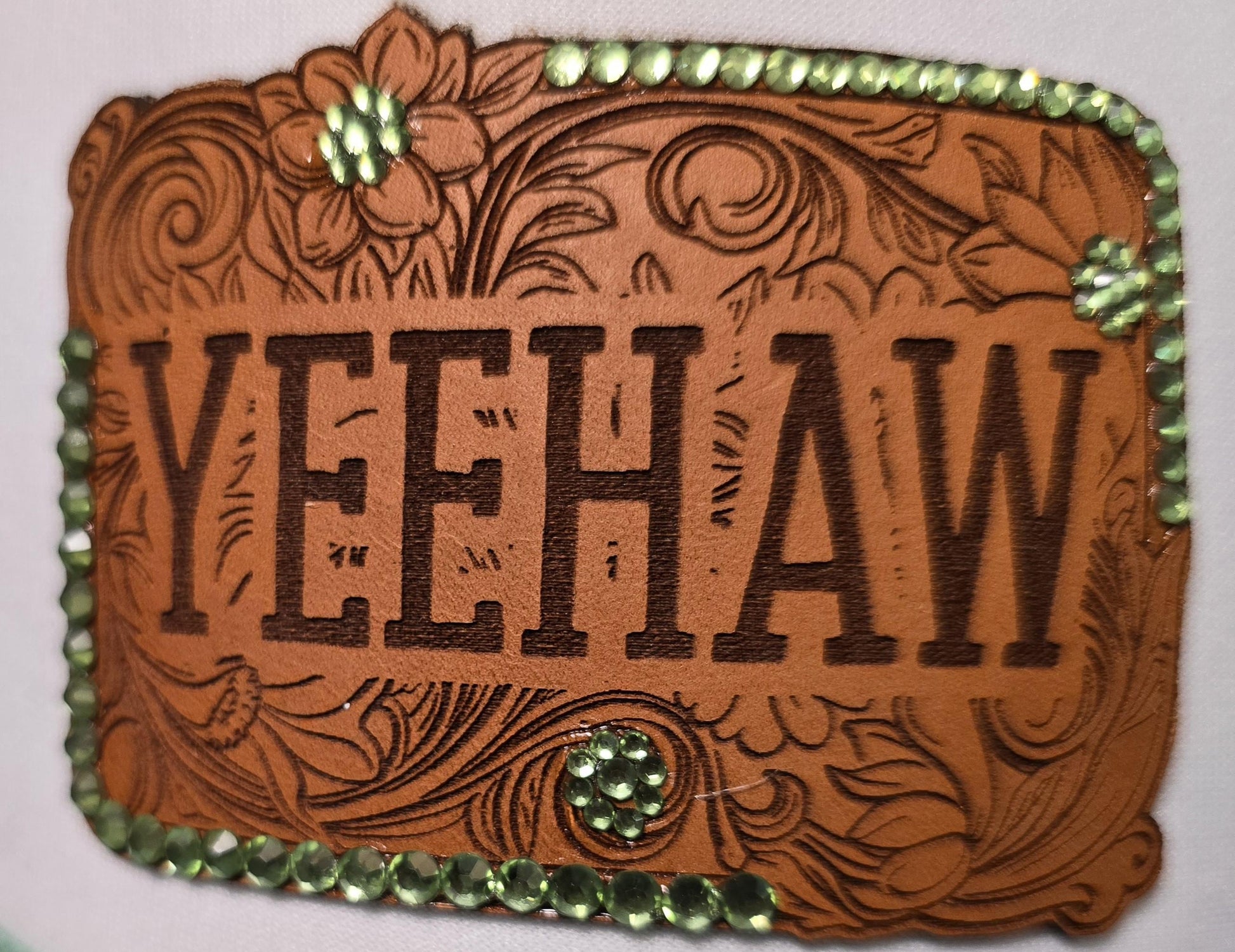 Mint Green “YEEHAW” Western Trucker Hat – Tooled Leather Patch rhinestone hat