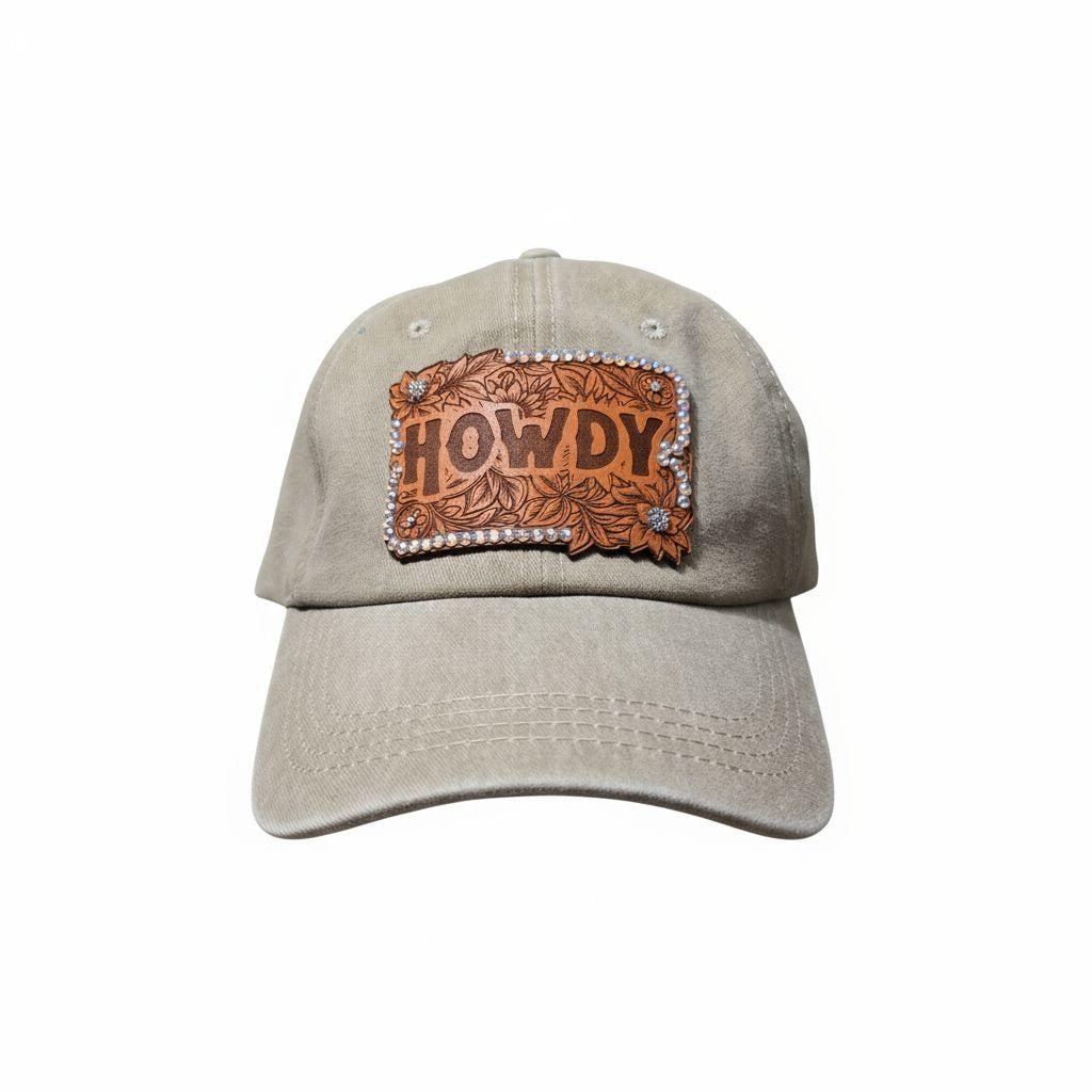 Tooled Leather Patch Cowgirl Hat "Howdy” Western Ehinestone Cap