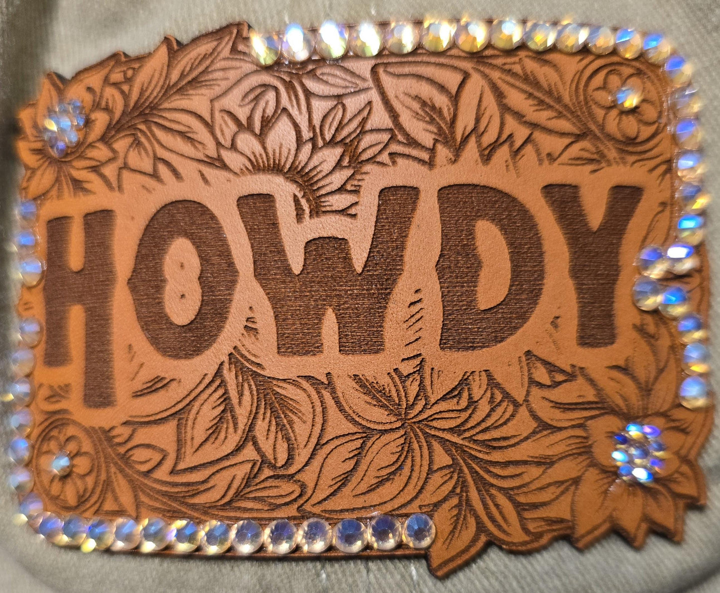 Tooled Leather Patch Cowgirl Hat "Howdy” Western Ehinestone Cap