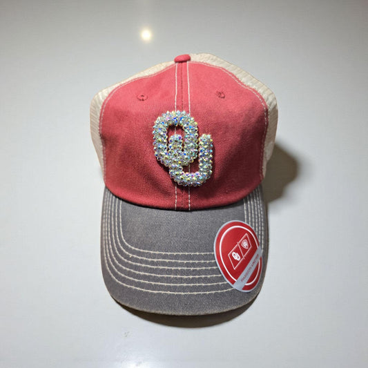Rhinestone Red and Gray OU Trucker Hat